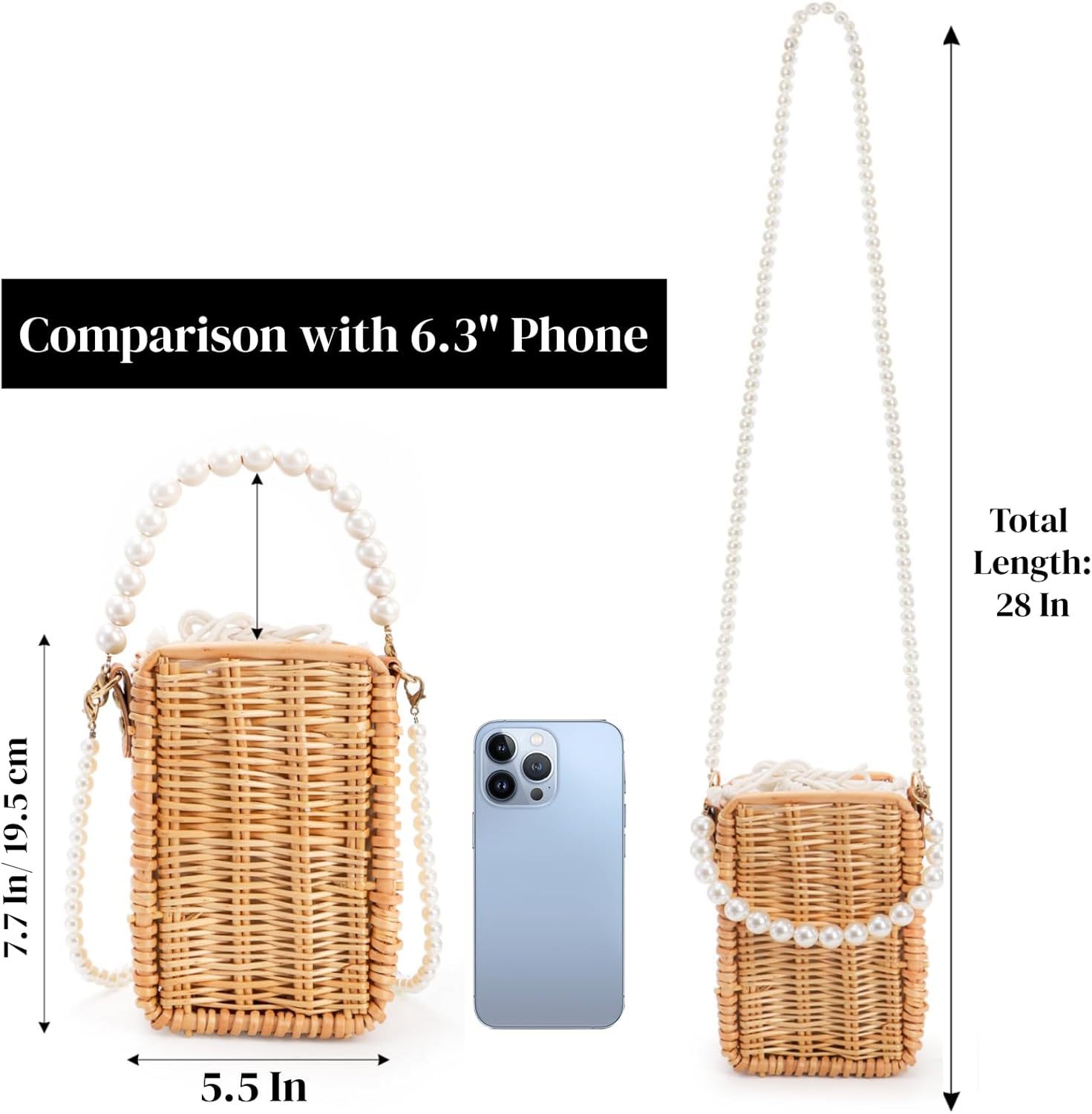 Pearl Basket Purse, Handwoven Rattan Beach Bag For Women, Rectangular Wicker Handbag, Vintage Summer Straw Tote Bag - Image 4