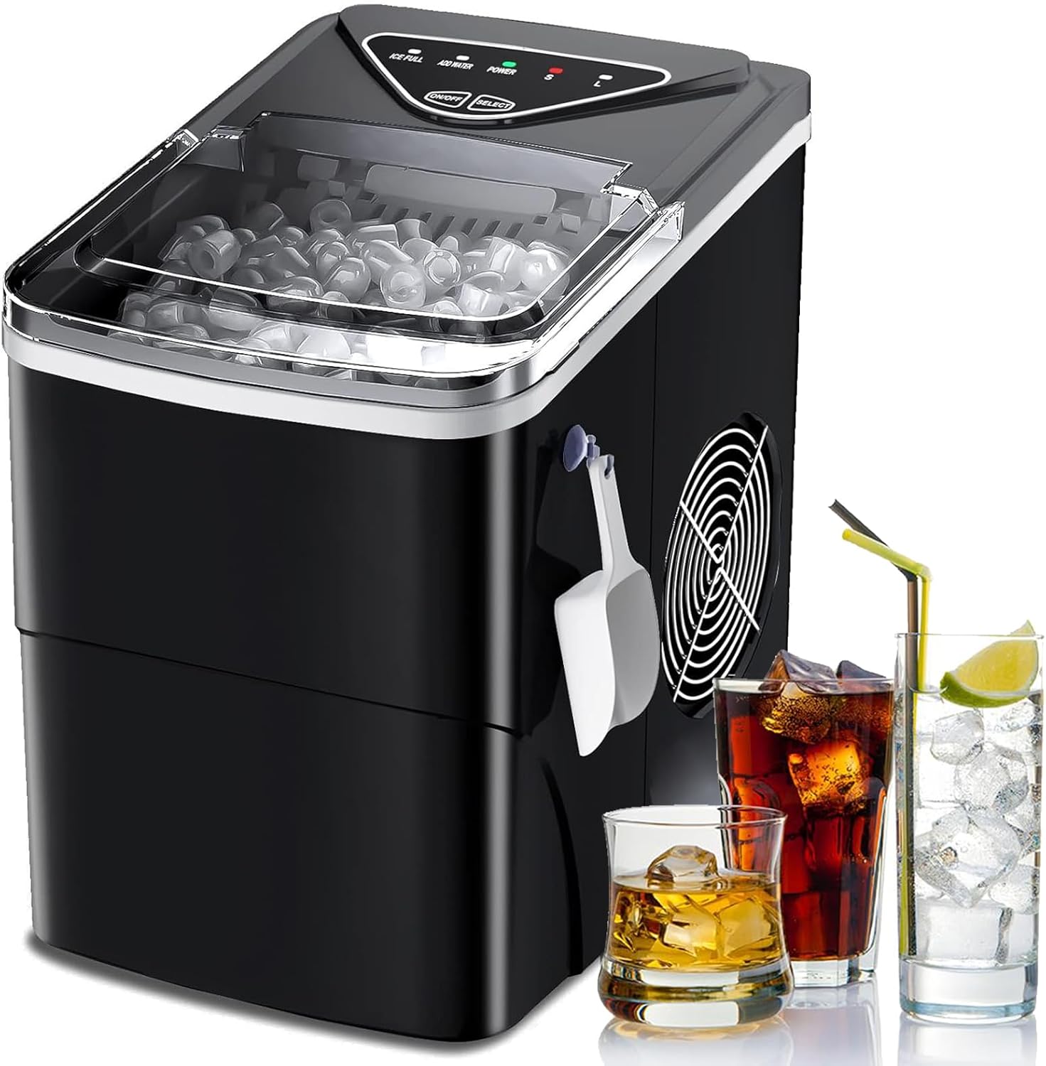 Counter top Ice Maker Machine, 26 lbs in 24 Hrs, Portable Electric Ice Cube Maker Machine, with Ice Bags and Scoop Basket, for Home/Kitchen/Camping/RV Black