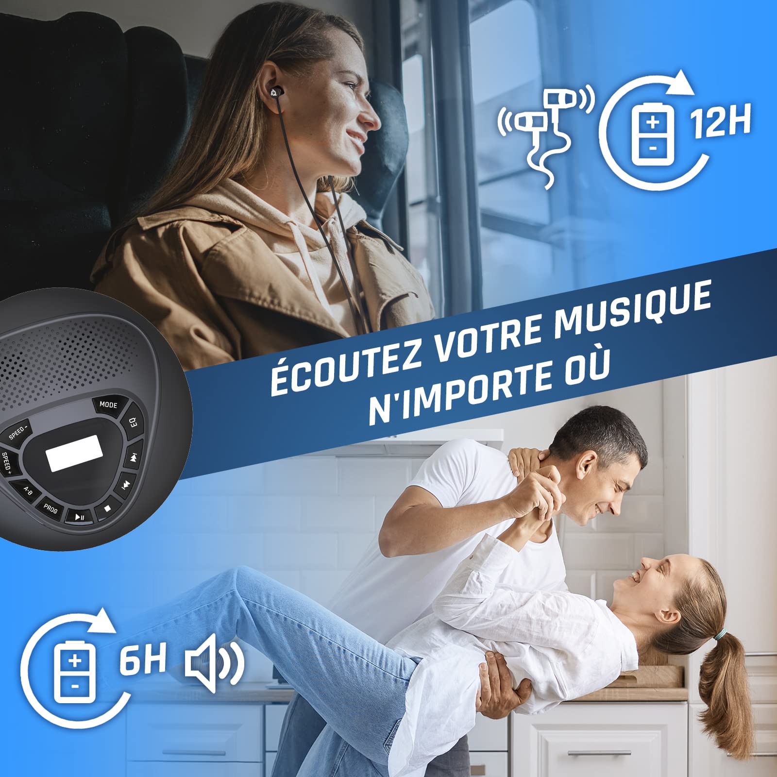 KLIM Speaker - NOUVEAUTÉ Lecteur CD Portable avec Haut-parleurs & Écouteurs - Rechargeable - Baladeur Lecteur CD Enfant/Adulte - Carte SD/TF - AUX - Idéal pour Voiture - Noir