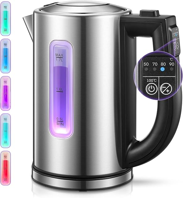 Electric Kettles Temperature Control with 5 Color Changing LED Indicator, Keep Warm 2 H, Stainless Steel, BPA-FREE, Auto Shut - Off Protection