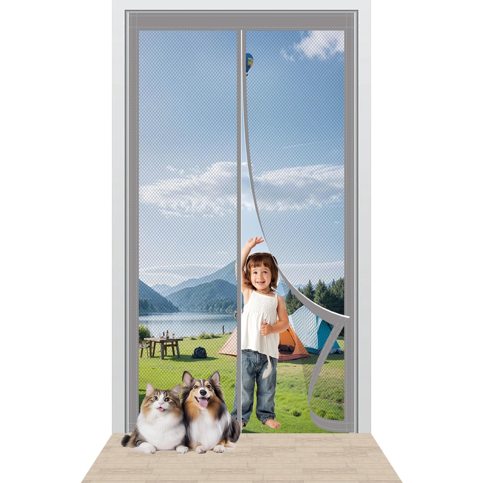 Lzjd Grey Fly Nets For Doors 130 X 207 Cm Easy To Install Without Drilling Magnetic Screen Door With Powerful Magnets/Full Frame Magic Tape For Home Office Balcony Patio Garden,