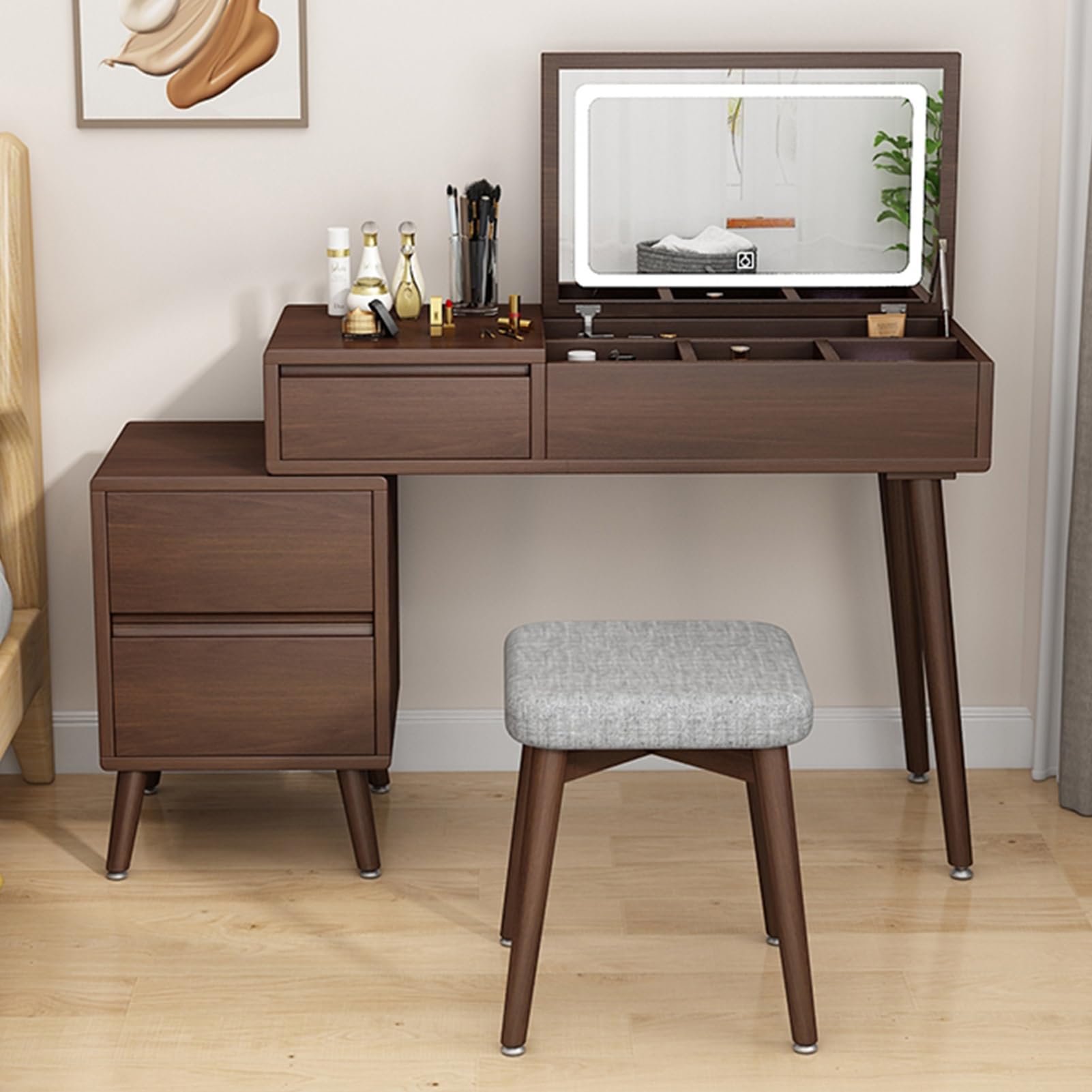 asdchZen : Wooden Makeup Vanity Set With 3-Color Led Mirror Storage Compartments Side Cabinet & Cushioned Stool-Stylish Writing Desk