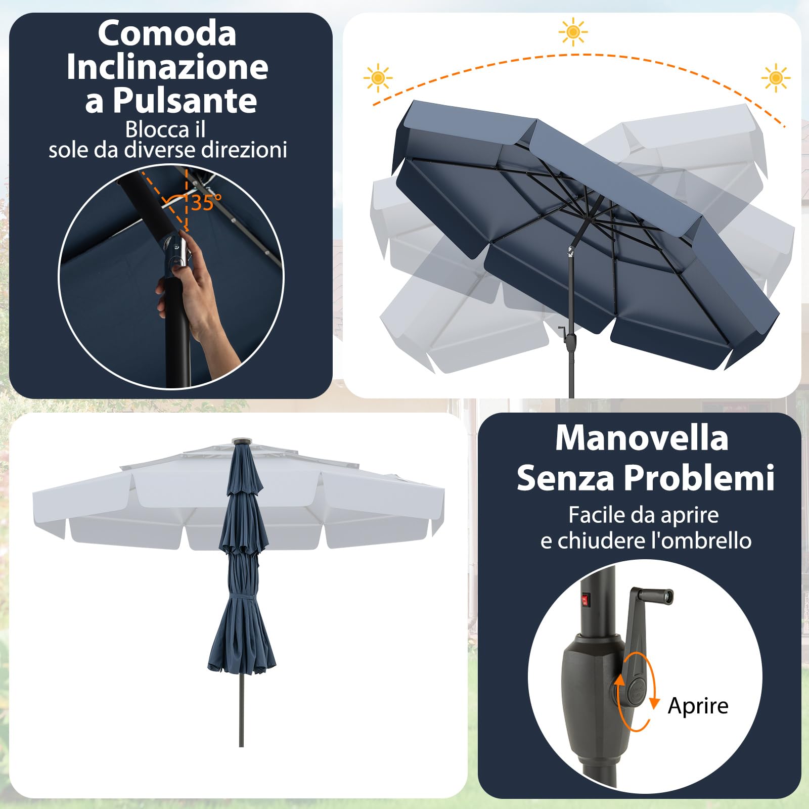 COSTWAY Ombrellone da Giardino 300 cm, 32 Luci Led Solari, con Regolazione Inclinazione, Manovella e 8 Stecche, Anti-UV, Tettuccio Ventilato a 3 Livelli (Blu, 32 Luci)