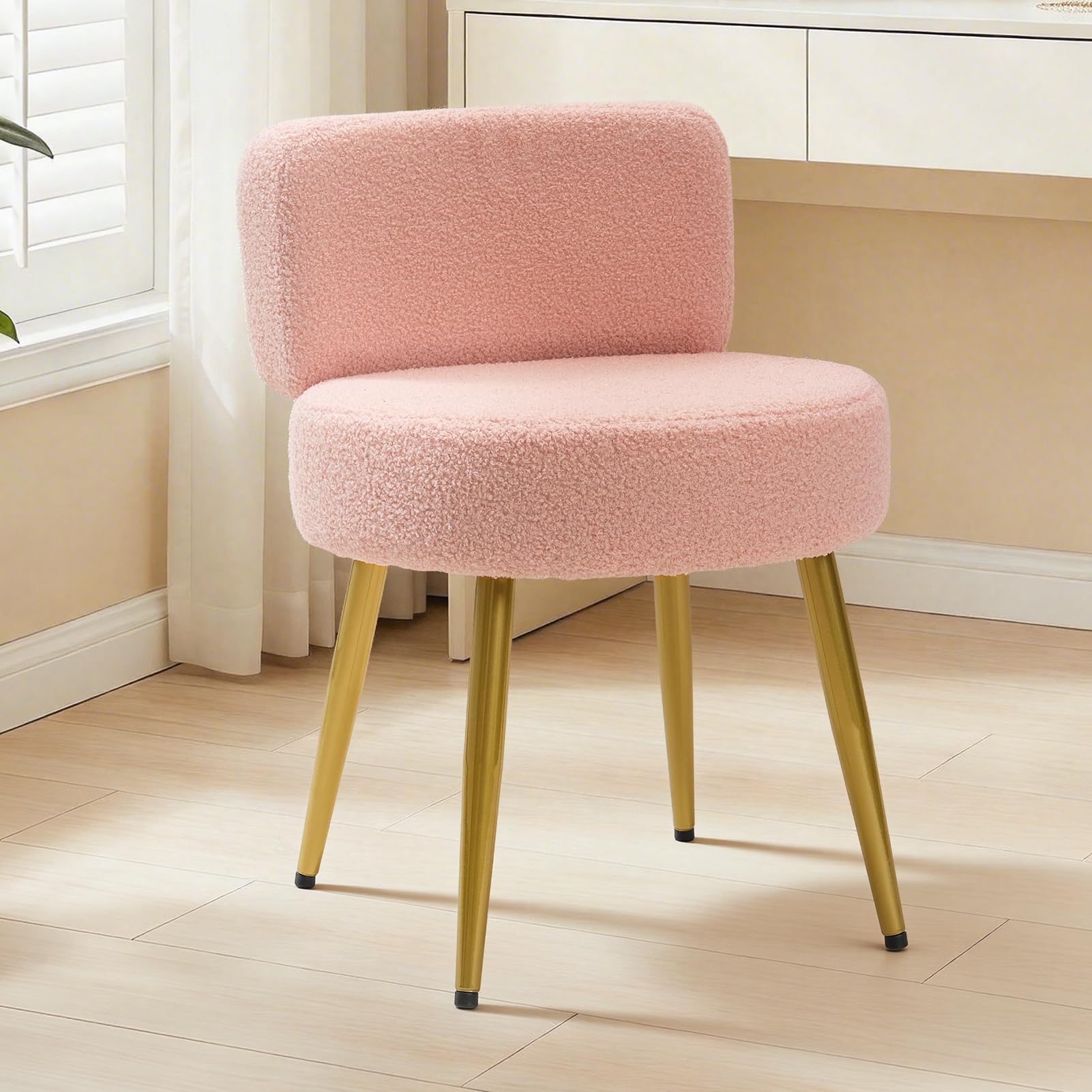 Warmiehomy Cute Vanity Chair with Back - Girls Fluffy Makeup Chair for Vanity - Small Cozy Desk Chair No Wheels for Bedroom Home Office Living Room (Pink)