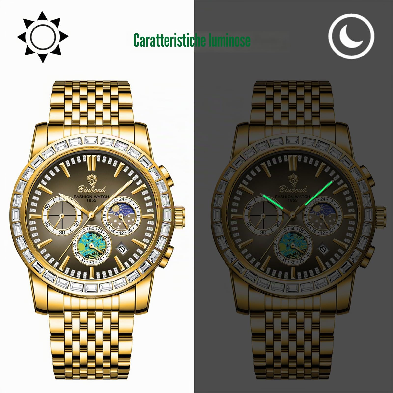JewelryWe Orologio Quadrantini Impermeabili da Uomo: Orologio da Polso con Calendario con Zirconi Lucidi in Acciaio Inossidabile