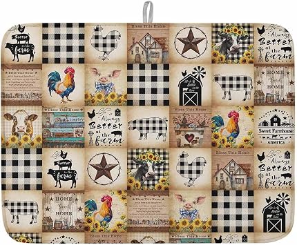 Vintage Farm Dish Drying Mat For Kitchen Counter 18"x24",Sunflower Cow Rooster Pig Plaid Truck Water Absorbent Dishes Drainer Rack Protector Countertop Pad Trivet Sink Coffee Pot Holder Maker Mat