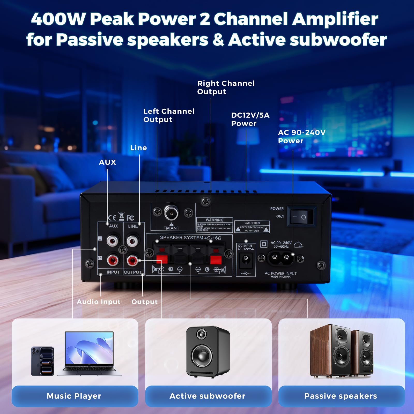 Romicta AK50 Amplificador de Audio Estéreo 800W, Bluetooth 5.0, 2 Canales, con Radio FM, USB, SD, Echo, Micrófono input y Control Remoto, para Cine en Casa