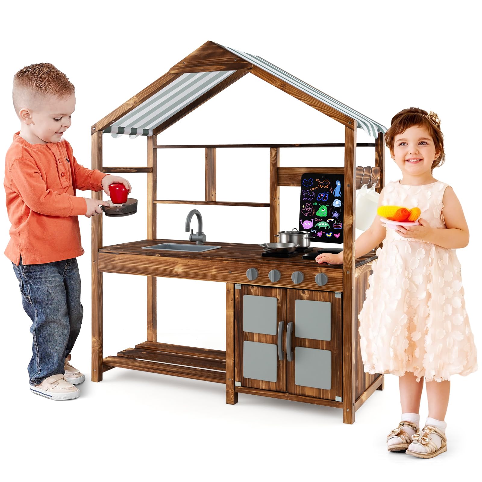 GOPLUS Matschküche Kinder Outdoor, Spielküche mit Vordach, Tafel, 4 Herdplatten, abnehmbarem Waschbecken & Küchenzubehör, Kinderküche Rollenspielküche mit Stauraum für Kinder ab 3 Jahren, Natur