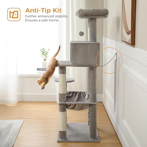 Miniatura 6 de MUTTROS Árbol para gatos grandes con hamaca grande de felpa de metal, torre para gatos de 56.3 pulgadas para gatos de interior con casa de