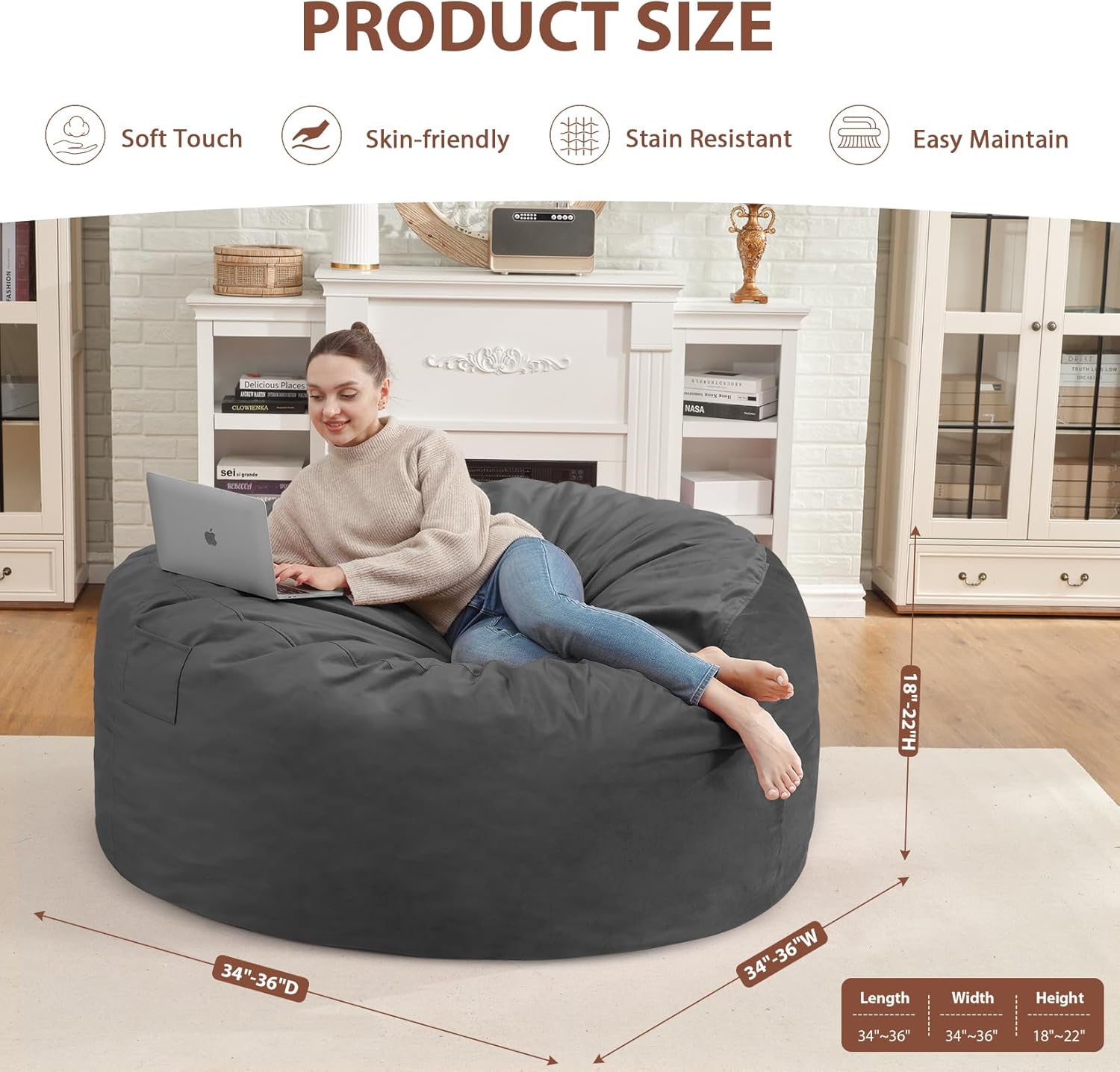3FT Bean Bag Chair, Comfy Bean Bag Chairs with Memory Foam Filled, Fluffy Beanbag Sofa with Dutch Velvet Cover, Round BeanBag Chairs for Living Room, Playroom- Grey