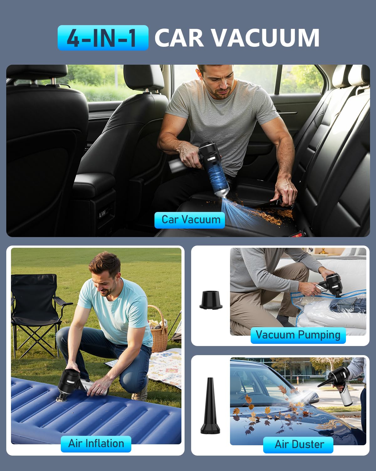 NEVERLAND Aspirapolvere portatile senza fili per auto, 15000PA, ad alta potenza, 4 in 1, portatile, pieghevole, piccolo kit di dettagli, ricaricabile, per auto, casa, ufficio