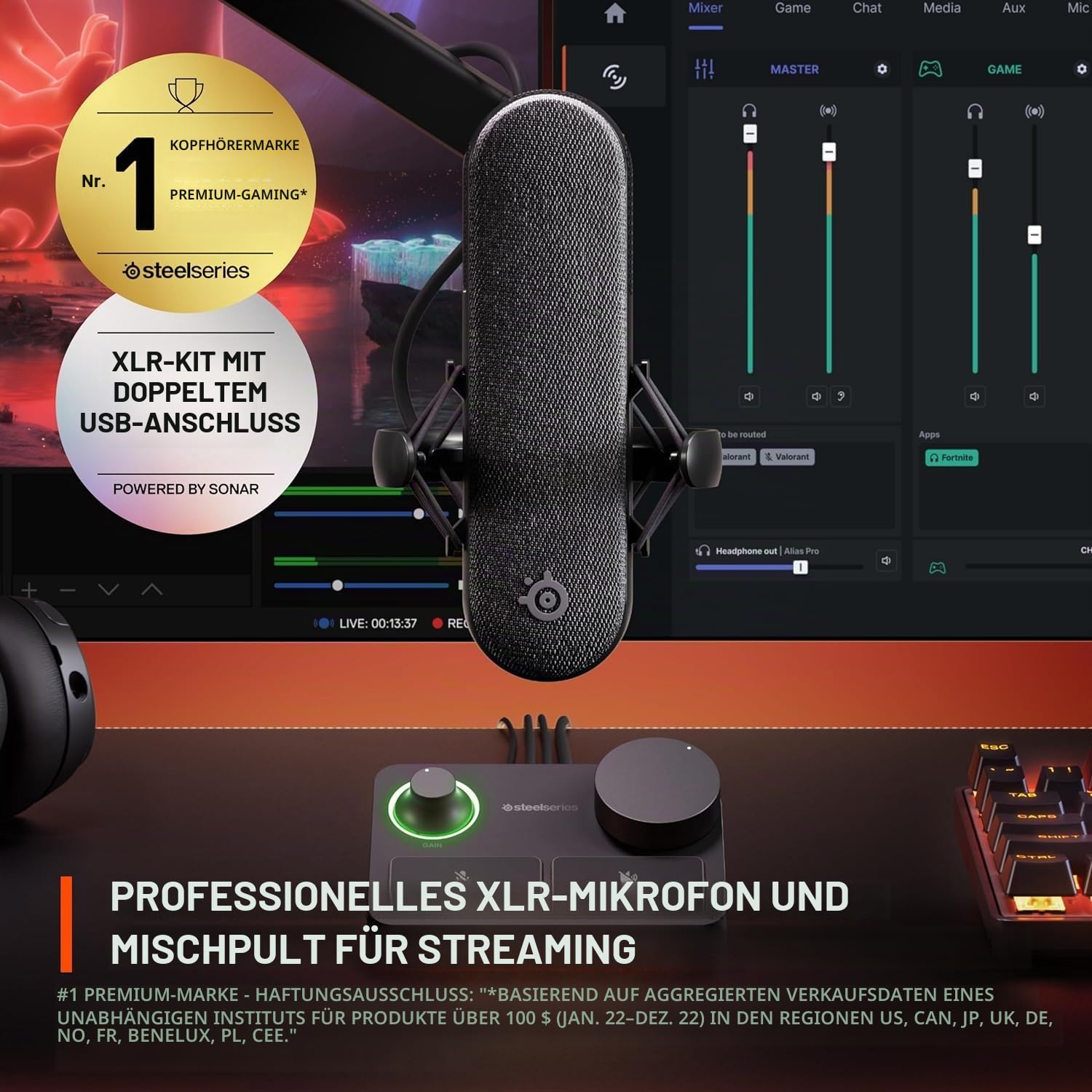 SteelSeries Alias Pro Kit – XLR-Mikrofon + Stream-Mixer -Streaming und Podcasting + Pro Mikrofon-Schwenkarm – Für Gaming, Streaming und Podcasting