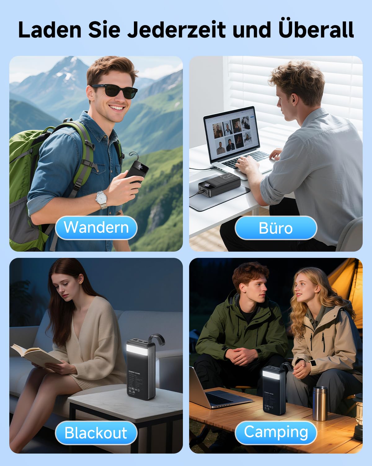 60000mAh Power Bank, 22,5W Powerbank USB-C Schnellladefunktion Externe Akku mit 4 Ausgänge und 2 Eingänge, kompatibel mit Smartphone, Tablets, Tablet usw Schwarz