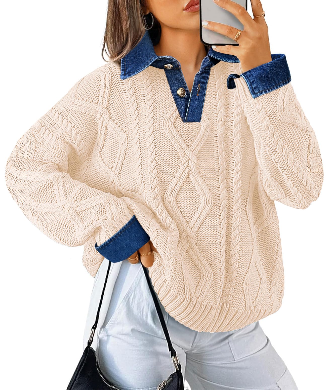 Soesdemo Womens Oversized Cable Knit Sweaters Chunky Long Sleeve Button Up Denim Polo Neck Knit Pullover Tunic Sweaters