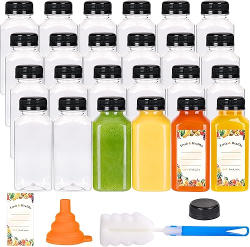 Moretoes 24 botellas de plástico para jugo de 8 onzas con tapas a prueba de manipulaciones, recipientes vacíos reutilizables para bebidas a granel