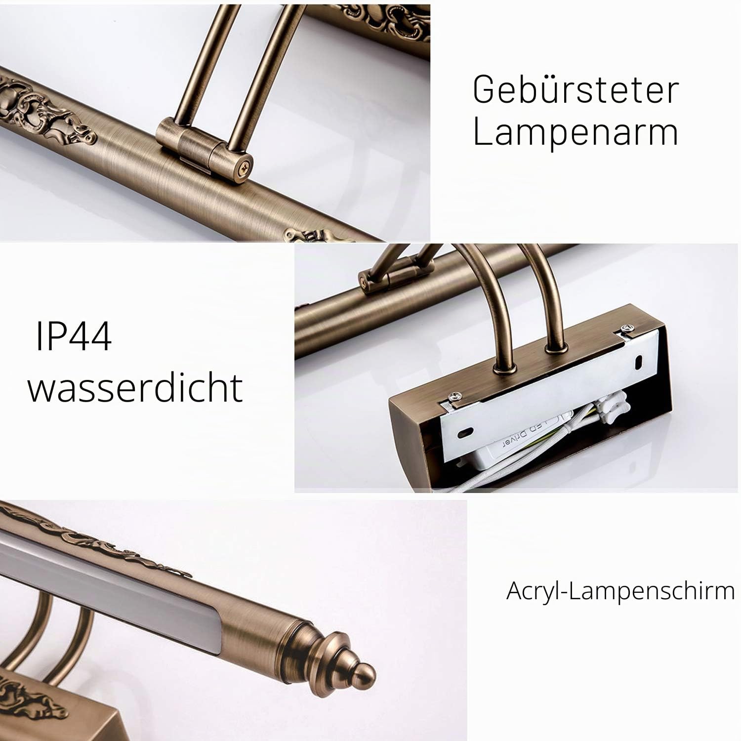 ACMHNC Vintage Spiegelleuchte Bad Mit Schalter,Golden Retro Spiegellampe Badezimmer Antikes Finish Badlampe Drehbar Spiegelschrank Schminklicht Spiegellicht IP44 Wandlampe Spiegel Beleuchtung,48cm/7w