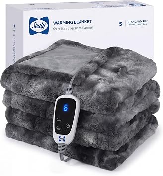 Sealy Faux Fur Electric Heated Throw 50"x60", 6 Heat Settings, Grey | Heating Blanket with 2-10 Hours Auto Shut Off, Fast Heating, ETL Certification for Couch Work Home Office During Winter Night
