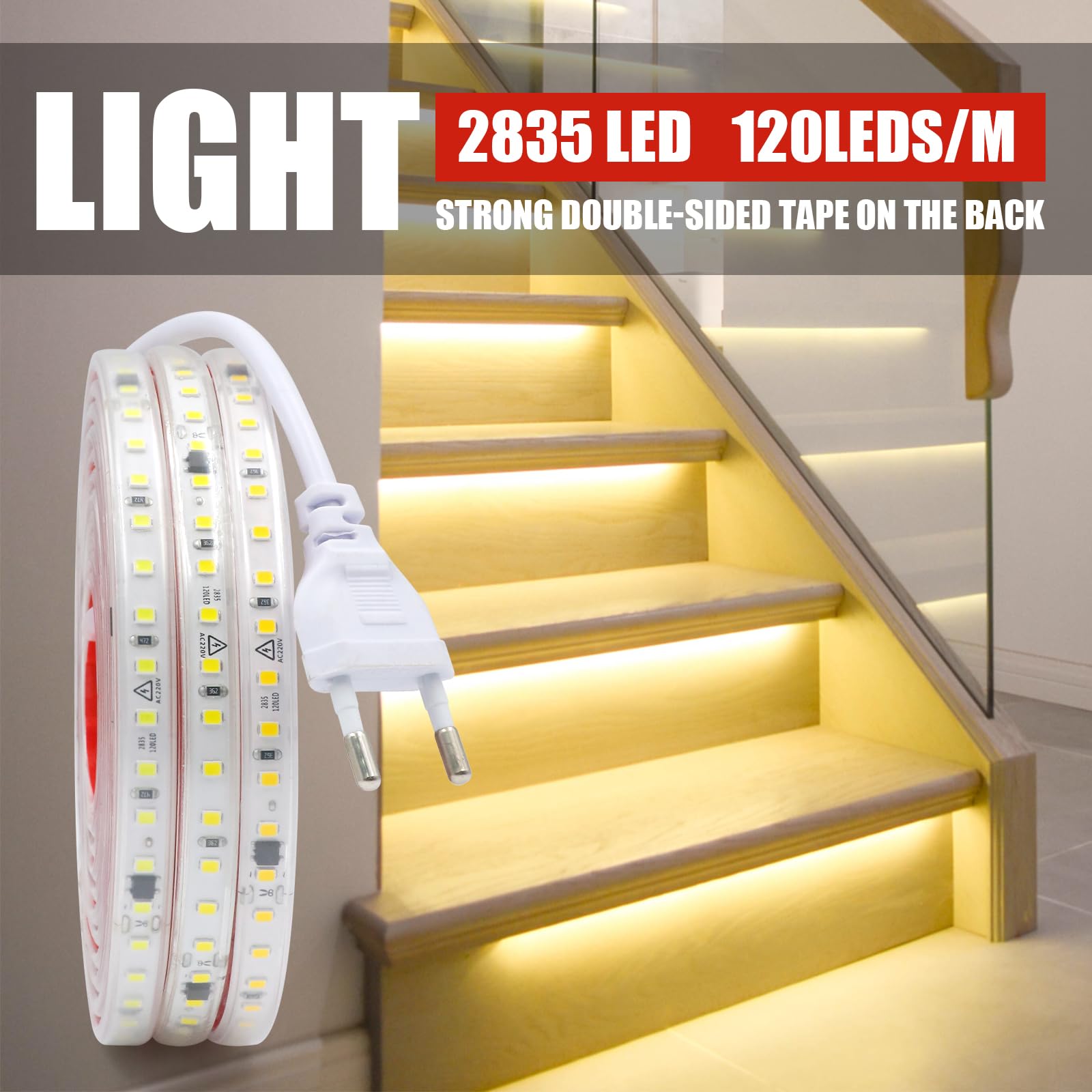 Conexión a AC220-240V Tira de LED,120LEDs/m SMD2835 Flexible Superbright Tira de luz LED cadena de luz de cuerda Autoadhesiva con enchufe para Navidad（5m, Blanco Natural）