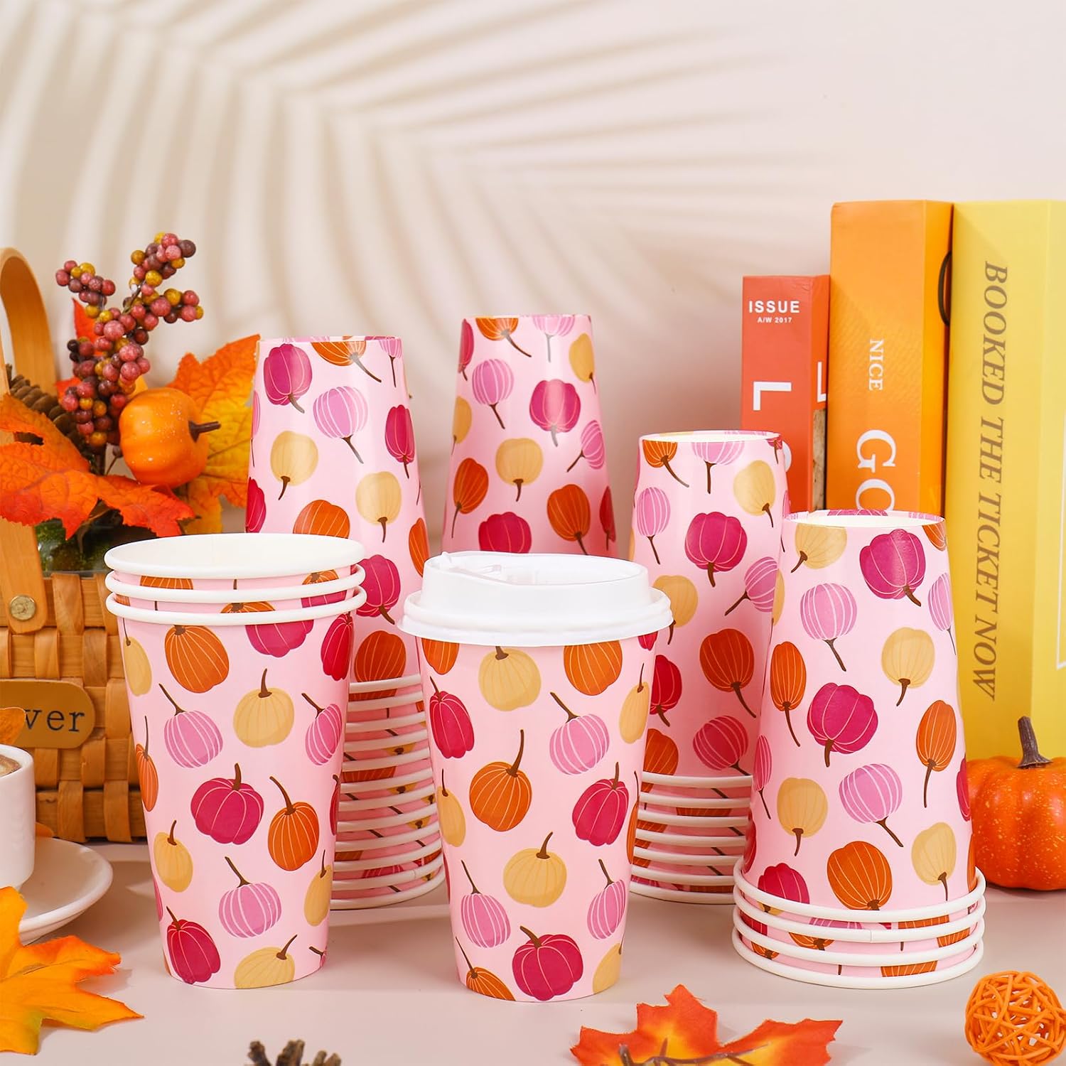 Whaline 50 Pcs Fall Disposable Coffee Cup with Lid 16 Oz Pink Thanksgiving Pumpkin Paper Cup Drinking Cups for Autumn Cafe Shop Cappuccino Chocolate Beverage Cocoa image 3