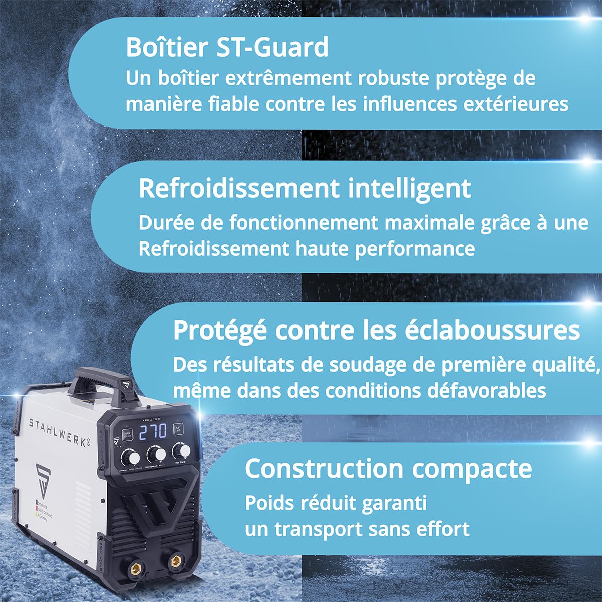 STAHLWERK Poste à souder à l'électrode ARC-270 ST – MMA jusqu'à 270 A, soudage sans gaz, Inverter Lift-TIG 400 V, protection surchauffe, Smart Cooling & contrôle de température intelligent (Blanc 1)
