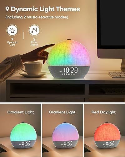 Miniatura 5 de Reloj despertador de amanecer, máquina de sonido de ruido blanco, despertador de luz solar para dormitorios, 9 luces nocturnas RGB naturales, 30
