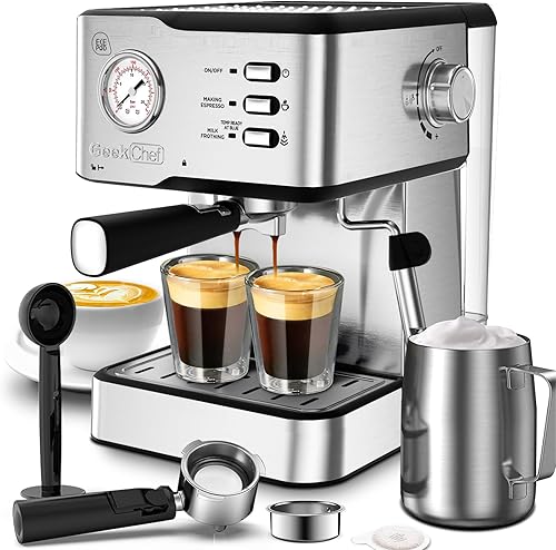 Geek Chef Máquina de café espresso, cafetera con leche de capuchino con filtro ESE POD y espumador de leche y varita de vapor y tanque de agua de