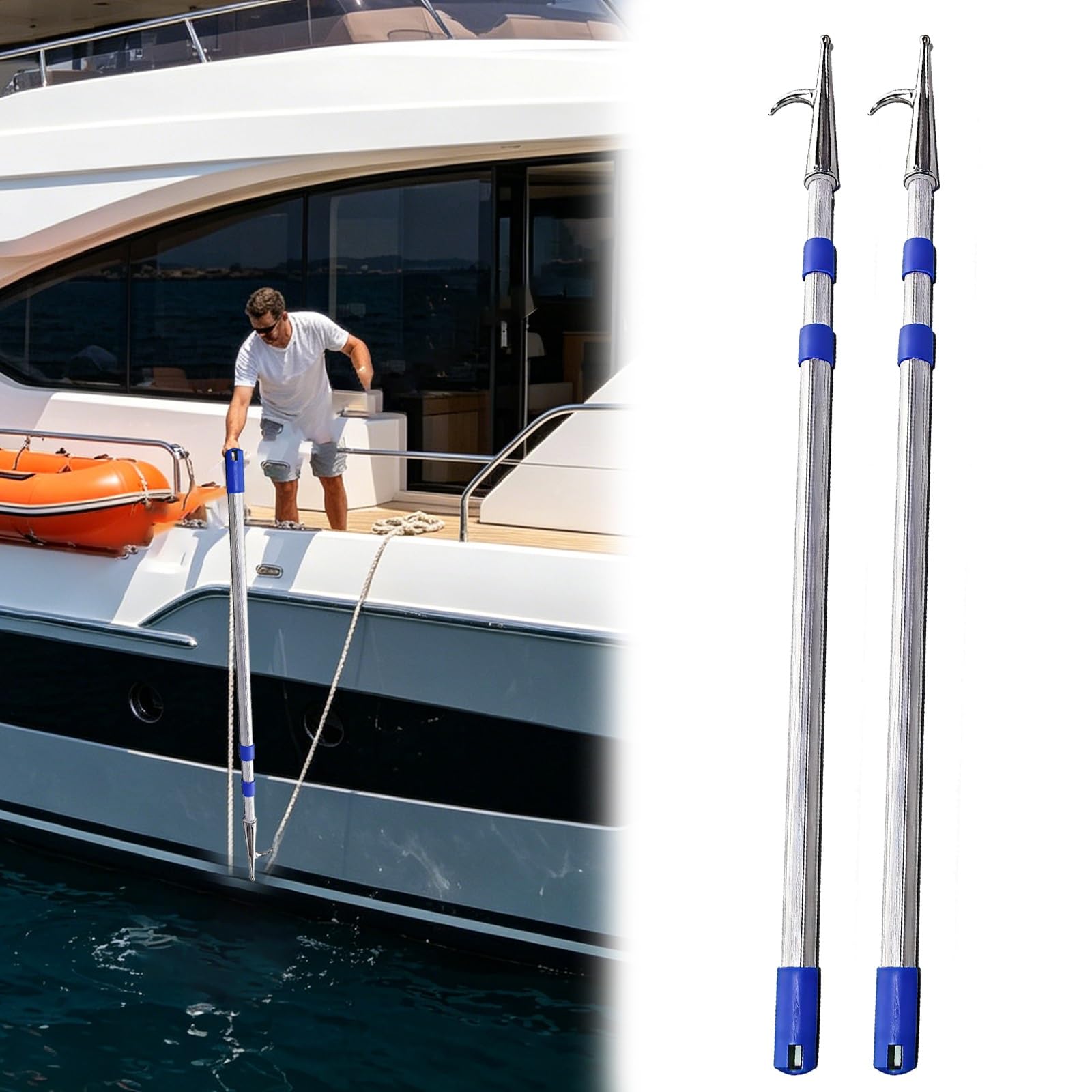 MLYAYE 2 Pcs 4 6 8 Pack Commercial Telescoping Boat Push Pole with Stainless Steel Hook, 10ft - 26Ft Lightweight Long Decoy Retriever Rods for Mooring/Docking/Hanging(4pack,23ft/7m)