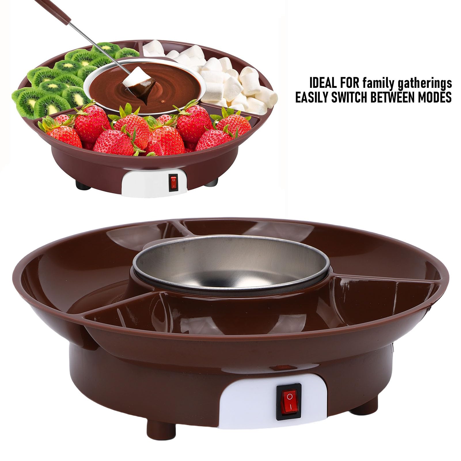 Fockety Pentola Elettrica per Fonduta di Cioccolato, Pentola per Fonduta in Acciaio Inossidabile per Uso Alimentare con Vassoio Staccabile a 3 Sezioni, Pentola Versatile per Fonduta (Spina europea