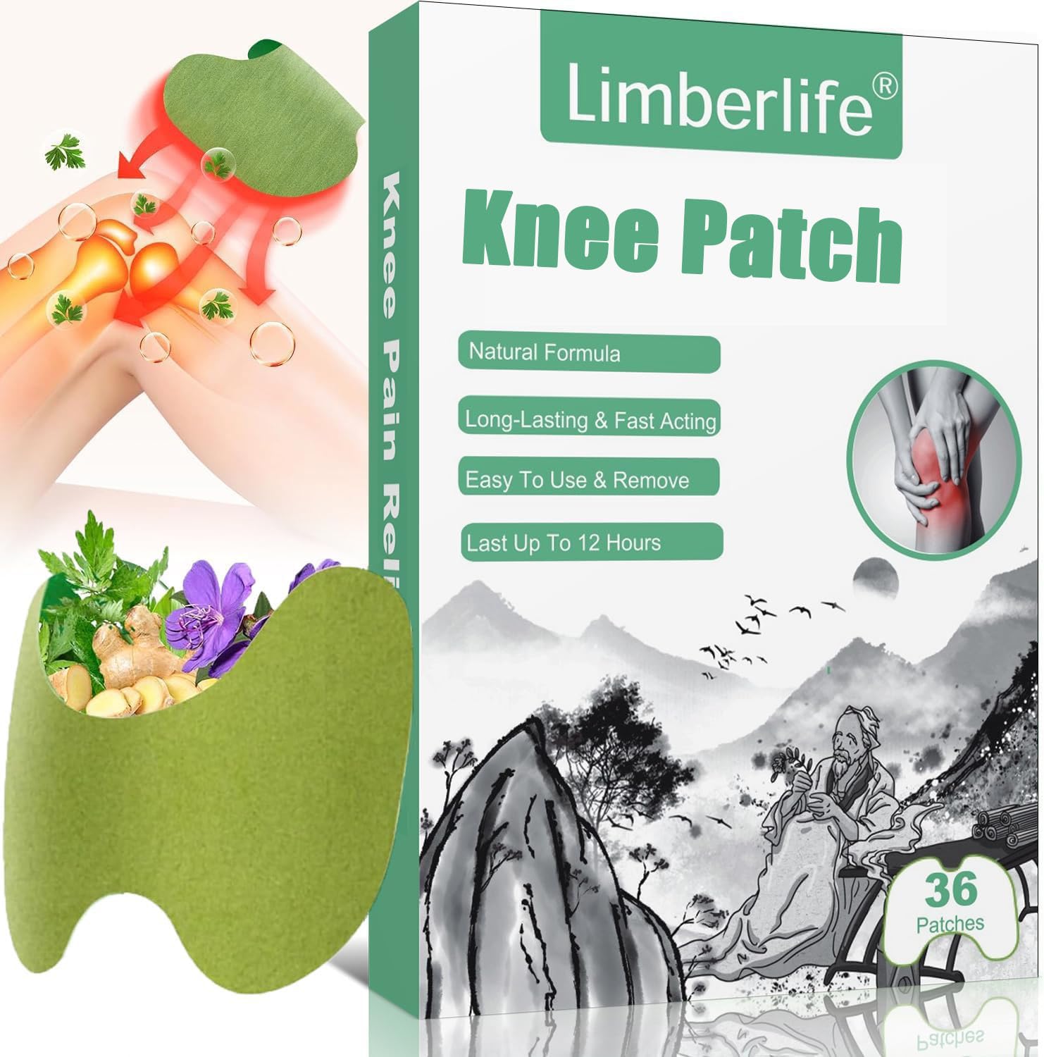 Limberlife Pain Relief Patch, 36 Stück Knie Schmerzlinderung Patch, Wermut Herbal Knee Patch, Knie Schmerzlinderungs Patch, Selbstklebende Wärmepflaster für Nacken Schulter