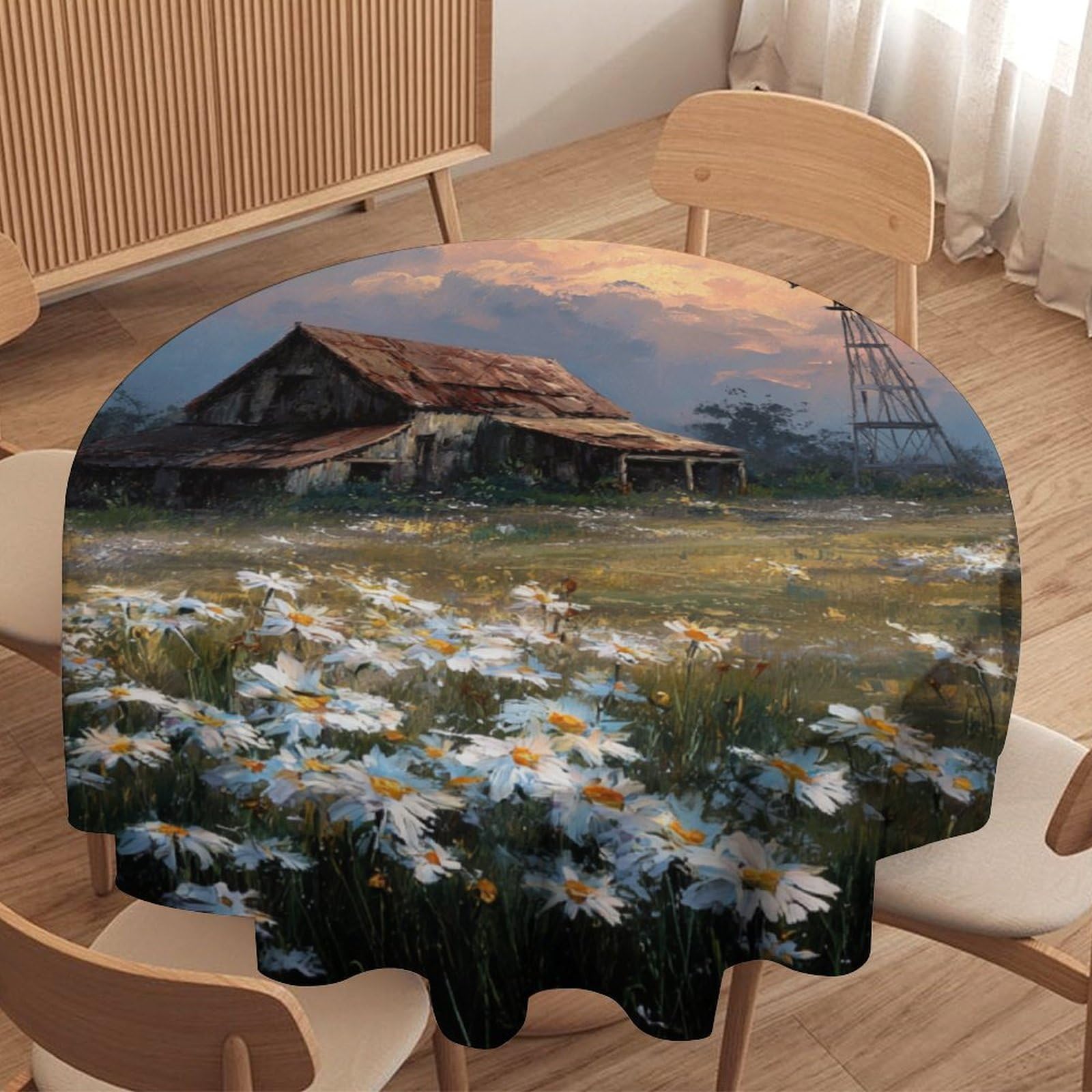 LUYYSKY Rustic Watercolor Spring Farmhouse Waterproof Round Tablecloth Beautiful Abstract Western Windmill Daisies Floral Pattern Washable Table Cover for Kitchen-127 Wx127 L cm