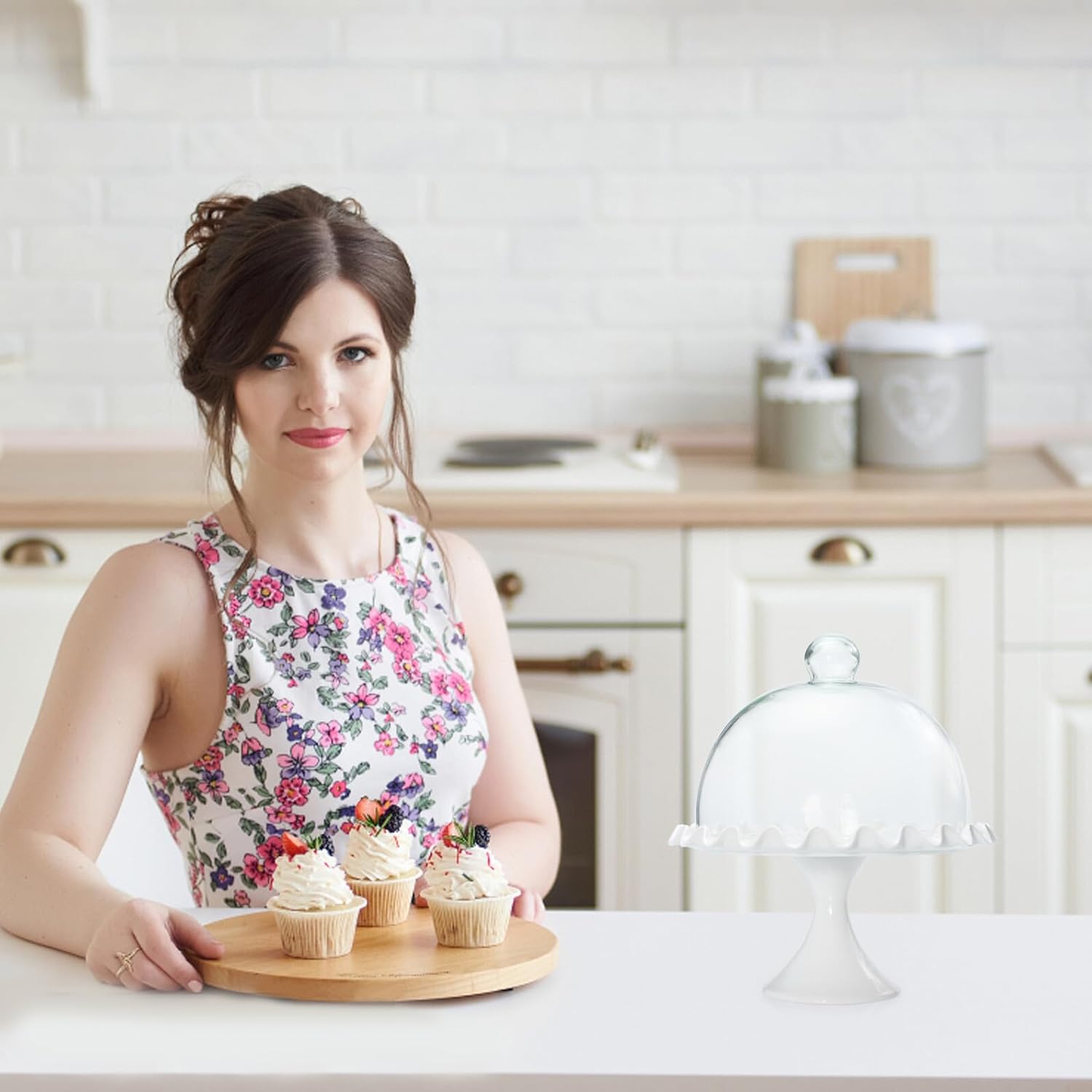 Glass Dome Cover and Ceramic Cake Plate Set 250mm Diameter Lead-free Food Display Dome Lid Dustproof Cake Server for Kitchen and Dining