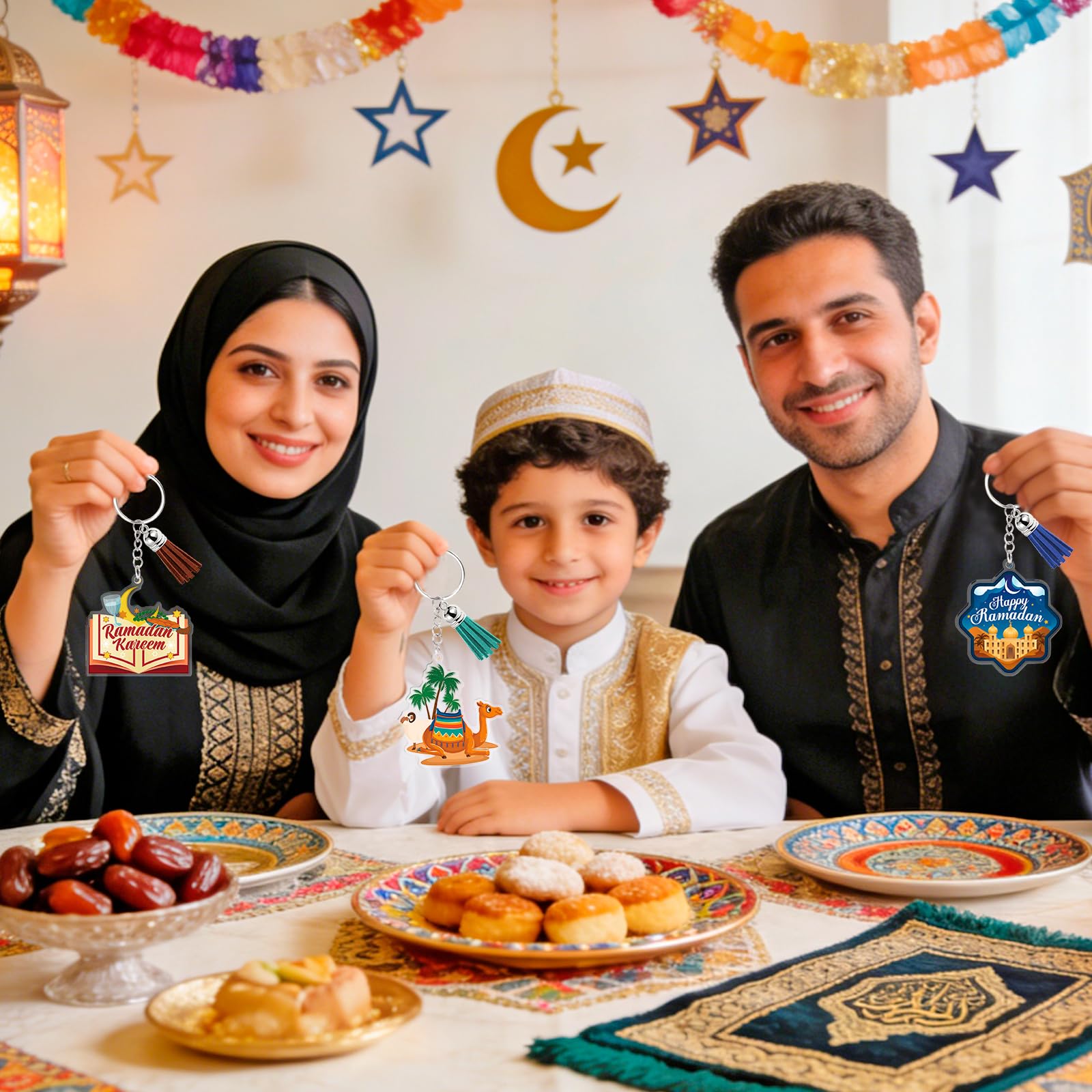 HOWAF 12pcs Eid Ramadan Keychains Set, Eid Mubarak Acrylic Keychain Making Kits with Rings and Tassels, Ramadan Mubarak DIY Craft Keyring for Muslim Celebration Gift Set