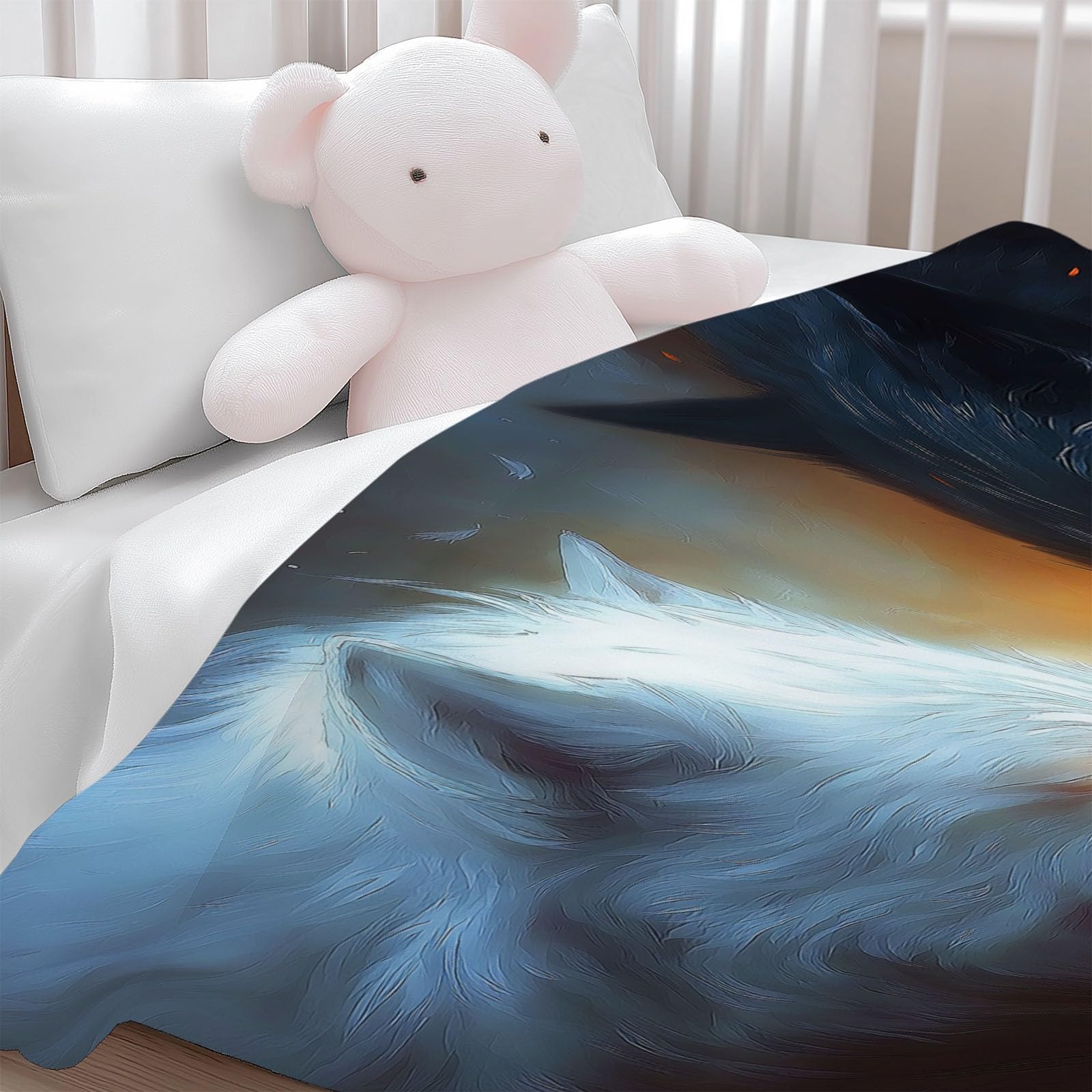 Przytulny koc flanelowy, puszysty, 150 x 200 cm, fantazyjny, zwierzęcy wilk, koc do mieszkania i jako narzuta na sofę, miękki koc polarowy z mikrofibry, jako narzuta na kanapę, pomarańczowy kolor