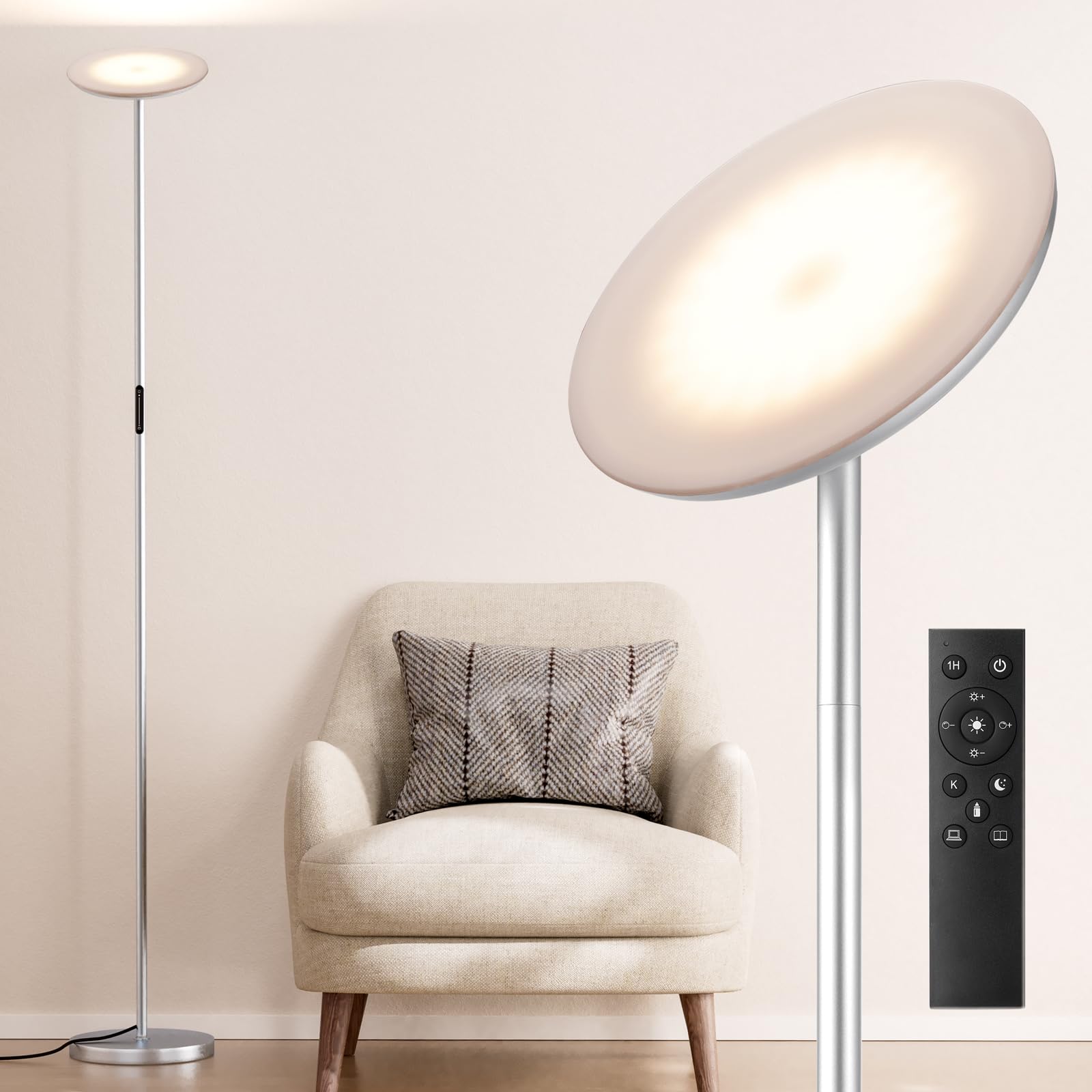 Stehlampe Wohnzimmer LED, 36W, Moderne Stehleuchte mit Fernbedienung & Touch-Steuerung, 3 Farbtemperaturen, Stufenlos Dimmbar, Leselampe Stehlampe für Wohnzimmer Schlafzimmer Büro(Silbergrau)