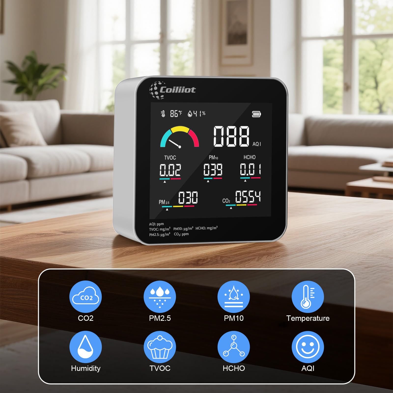 Monitor de calidad del aire interior, detector de CO2 HCHO TVOC PM2.5/PM10 con medidor de temperatura y humedad, probador de AQI en tiempo real para oficina en casa (blanco)