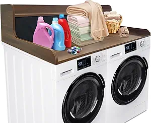 GarveeHome 2-Tier Washer Dryer Countertop with 2 Drawers, Wood Laundry Countertop with 2.75" H Edge Rails, Waterproof Washer Dryer Cover with Anti-Slip Pads for Laundry Room Organization and Storage