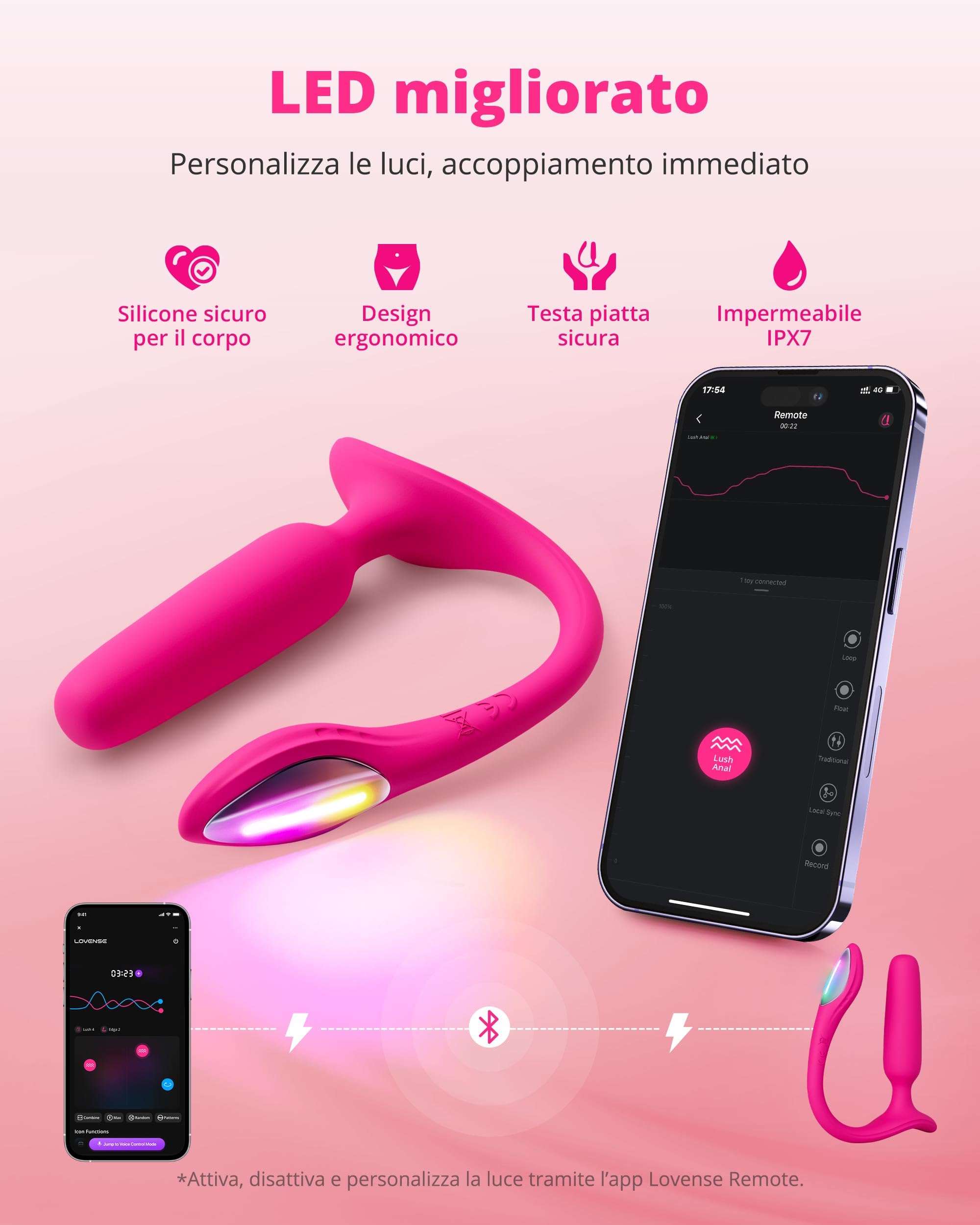 LOVENSE Lush Anal Vibrating Butt Plug Sex Toys, Piccolo Vibratore Anale Controllato da App con Luce LED, Giocattoli Anali per Adulti per il Piacere di Coppie Maschili e Femminili, Impermeabile