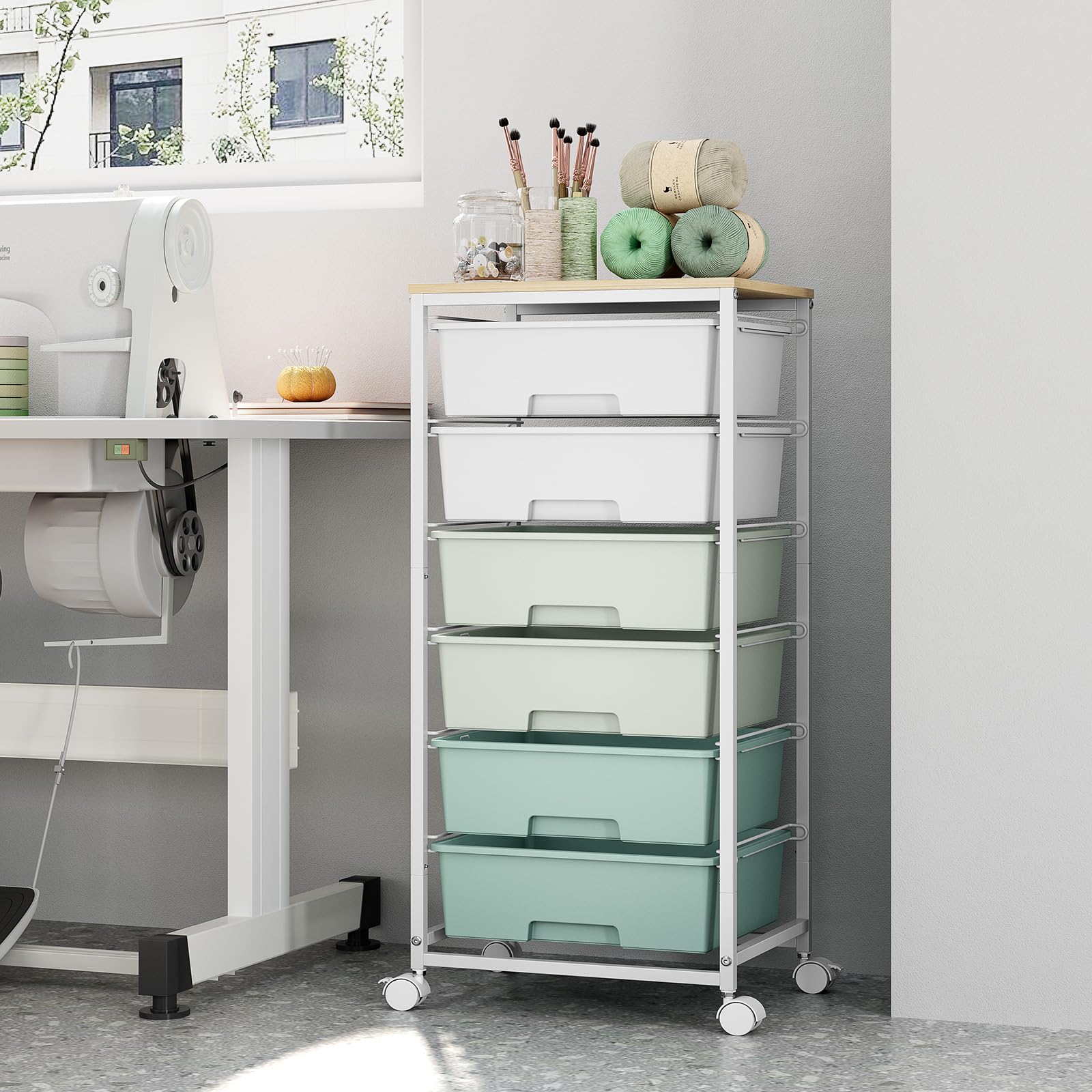 Rollwagen mit 6 Schubladen, Kunststoff, Rollwagen, Rollwagen auf Rädern mit Holztischplatte für Zuhause, Büro, Klassenzimmer, Make-up, Kunstbedarf, Aufbewahrungswagen, Schubladenwagen, Grün