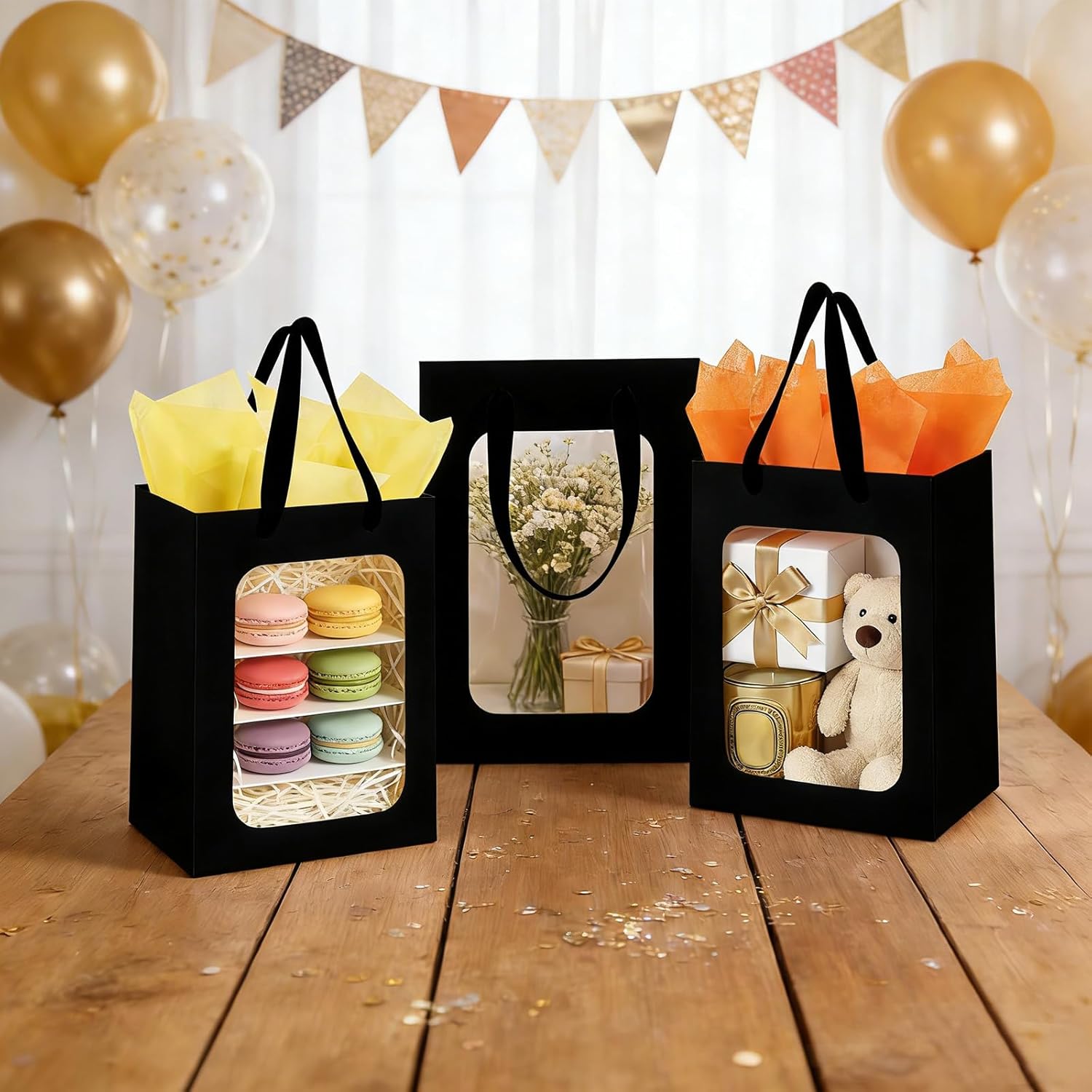 Ethhqu 24-Pack Black Kraft Gift Bags with Clear Window and Handles, Includes Tissue Paper, 9.8x7x5.1 Inches for Birthday Party, Baby Showers, Weddings,Valentine's Day, Easter (Black Gift Bags with Window, 24Pcs)