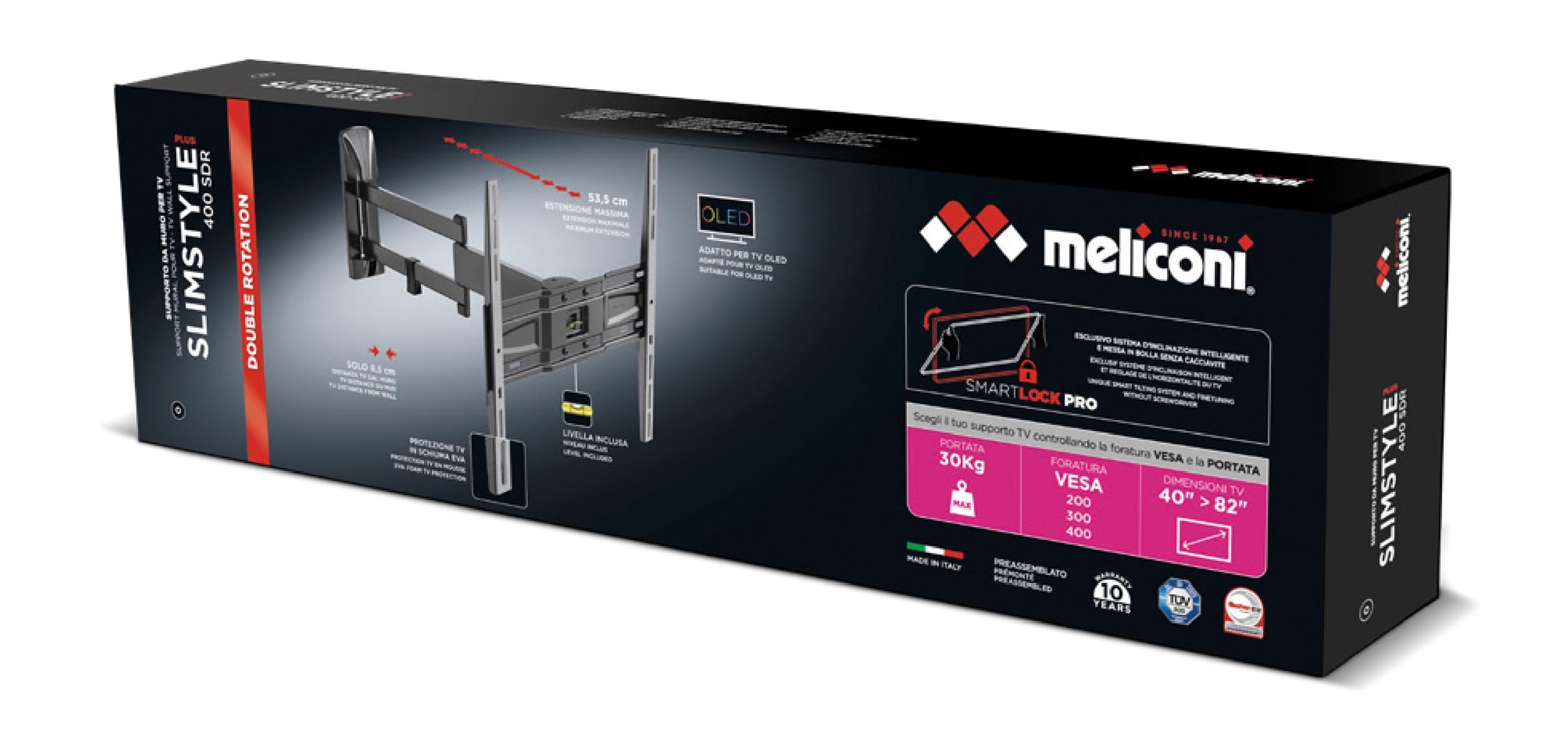 Meliconi Slimstyle Plus 400 Sdr, Supporto con Doppio Braccio da Parete per Tv a Schermo Piatto Da 40’’ A 82’’, Nero