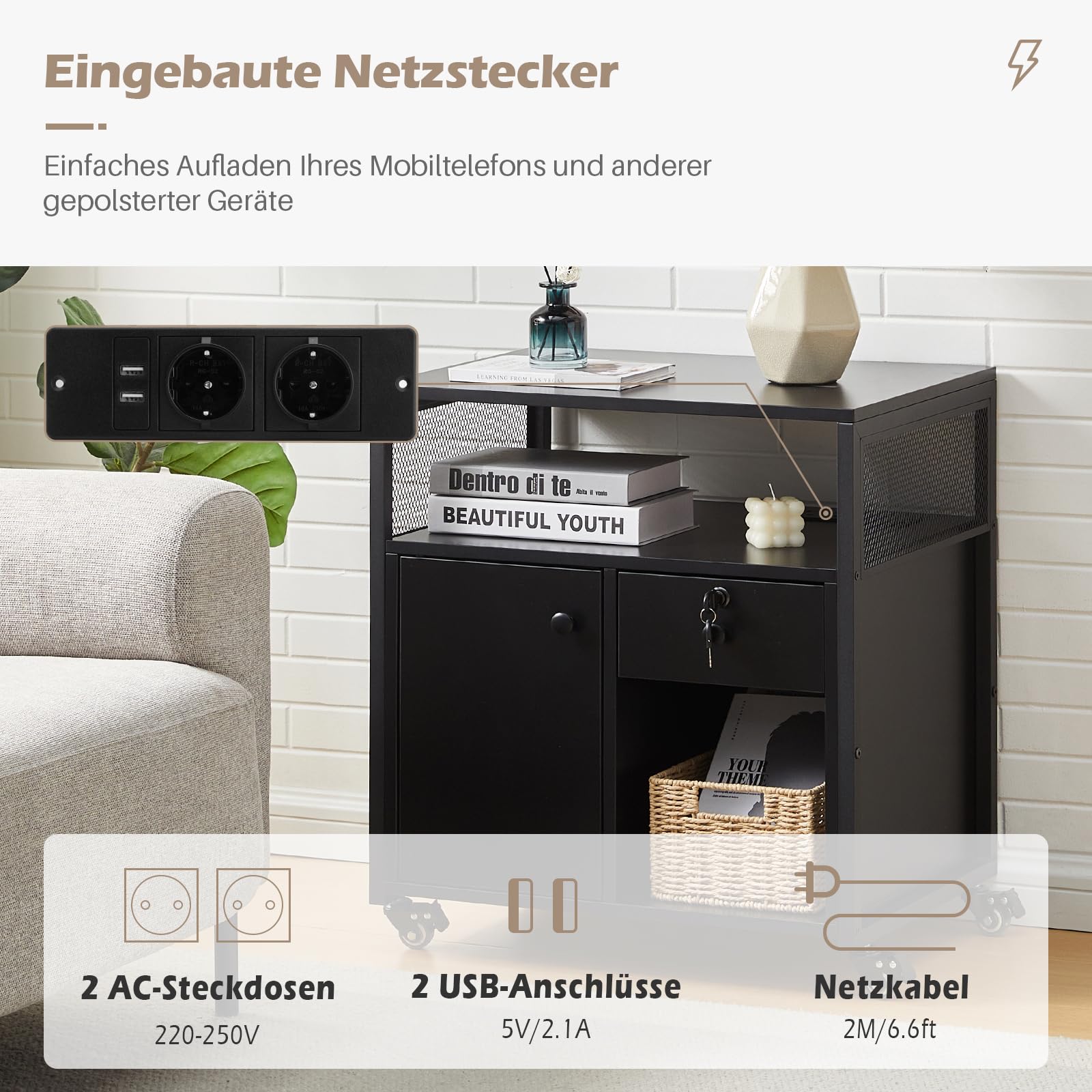 TUKAILAi Caisson de Bureau Rangement Avec USB Port, Caisson Imprimante Mobile à Tiroir Verrouillables, Caisson Imprimante Mobile avec Roulettes pour Format A4 Style Industriel (Noir)