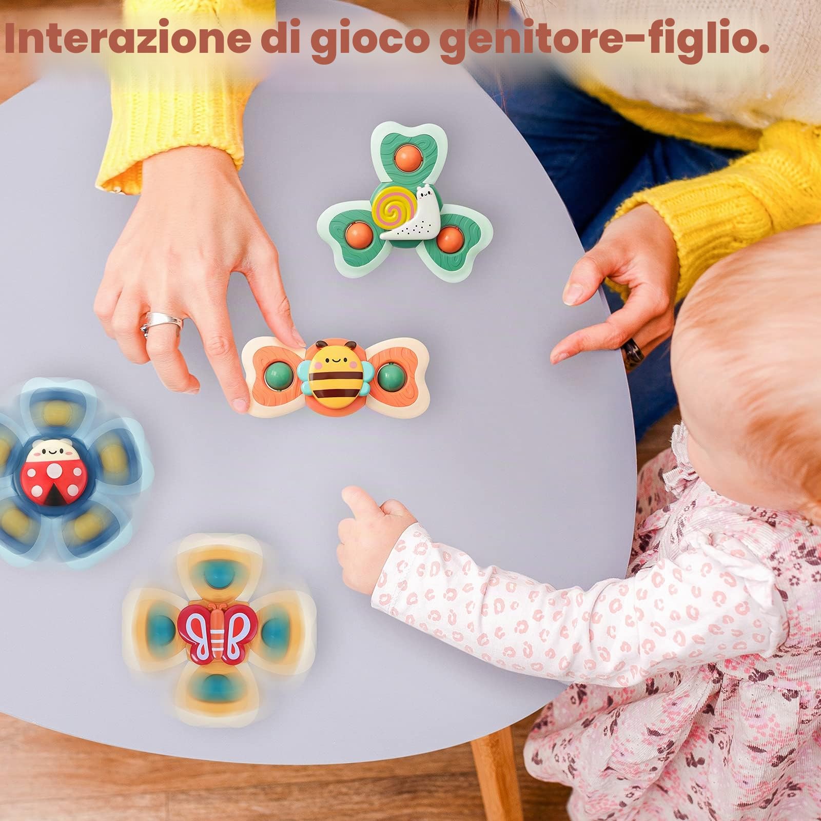 Vanmor Giocattolo rotante con ventosa per bambini, giocattoli per bambini, con ventosa per seggiolone, vassoio da bagno o da viaggio in aereo, regalo per i più piccoli (4 pezzi)