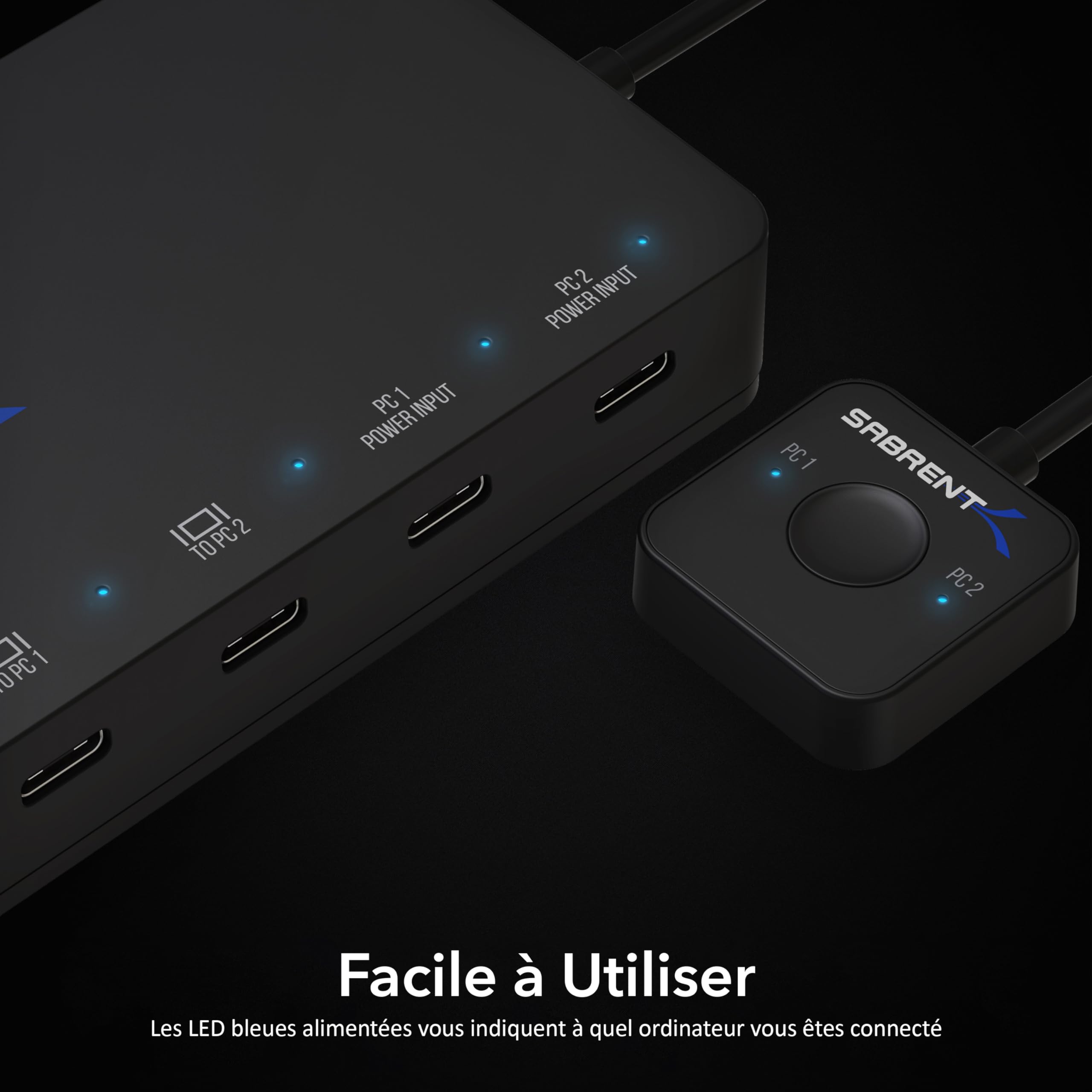 SABRENT commutateur KVM 2 Ports USB Type-C avec Alimentation 60 Watts (USB-KPCD)