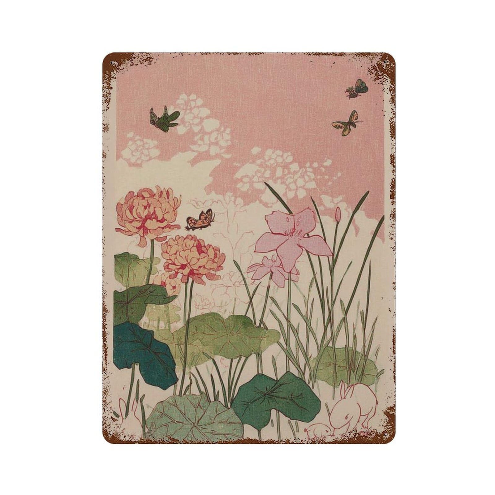 xiaoxiaoshen Mythical Deer Blue Hydrangea Japanese Woodblock Style Botanical Animal Tradition Wall Decor Art Metal Tin Poster Modern Home Decor Art Home Bar Shop Decorations Vintage Sign 40x30cm
