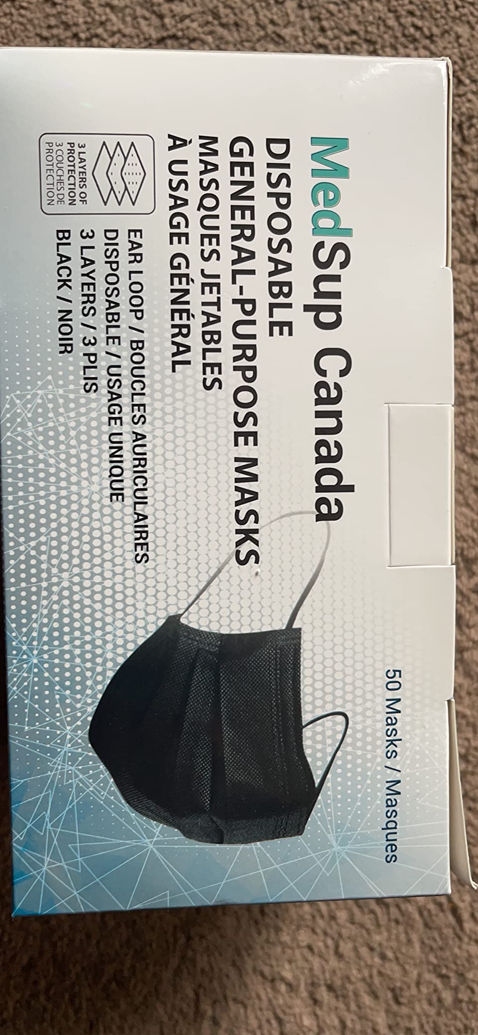 MedSup Canada 50pcs/Pack Black Disposable General Purpose Face Masks, Test ASTM F2100 Level 1