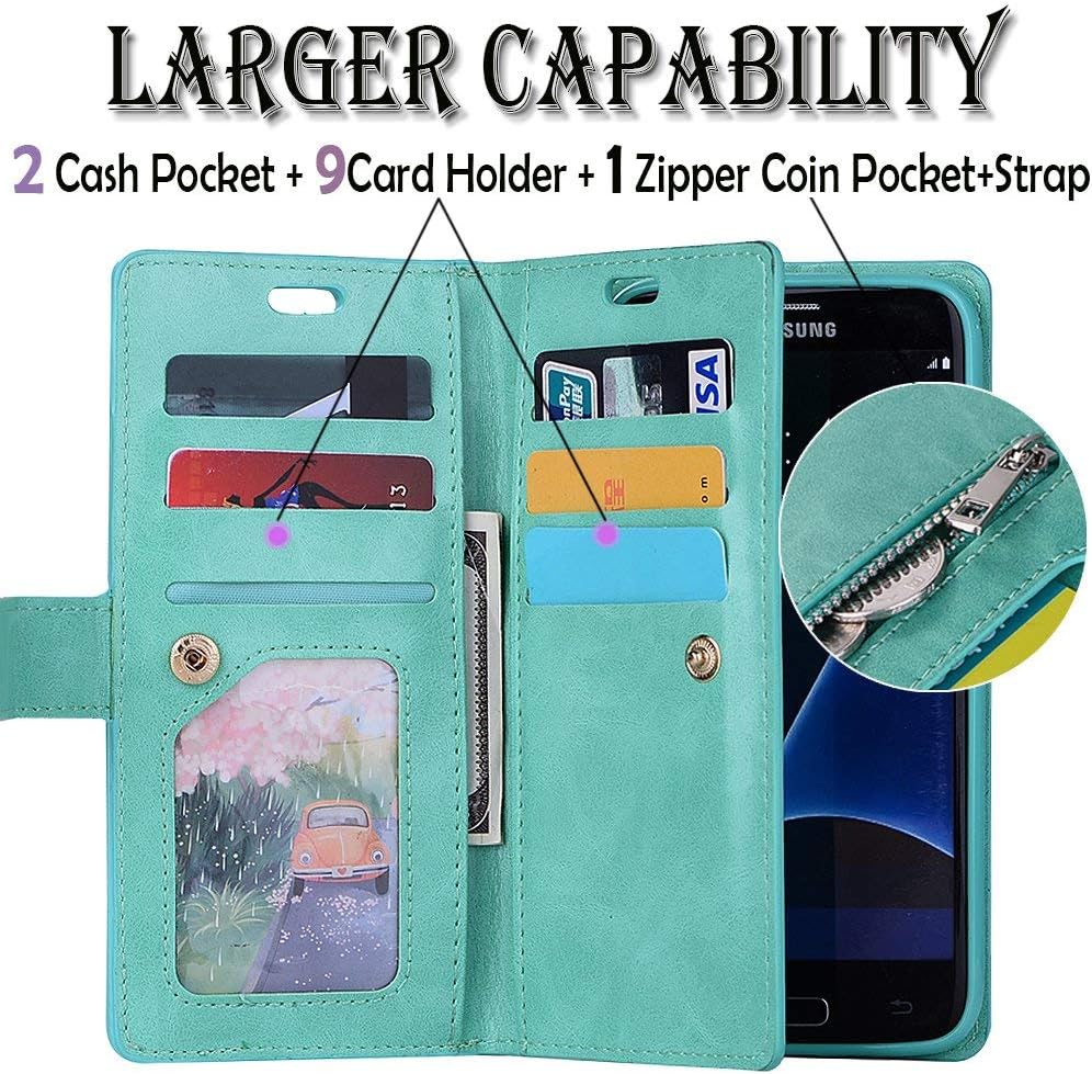 Galaxy J3 Case 2018 Wallet/J3 Achieve/J3 Star/J3 Orbit/Amp Prime 3 Case,Auker 9 Card Holder Folio Flip Leather Magnetic Folding Zipper Wallet Case with Strap/Money Pocket for Samsung J3V 2018 (Mint)