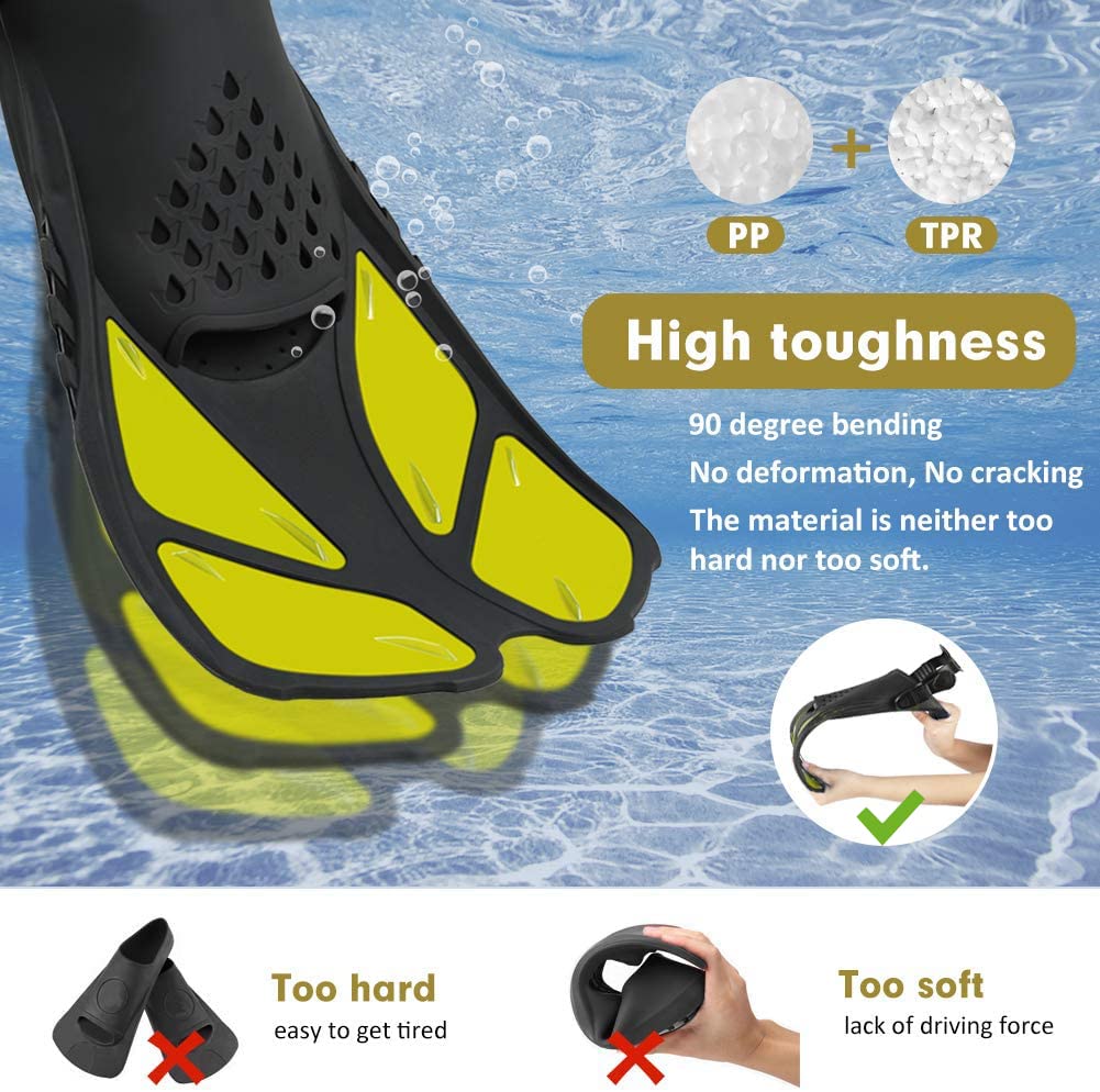 Schwimmflossen, Schnorchelflossen, Schnorchelausrüstung, Schwimmflossen zum Schwimmen, kurze Tauchflossen, Reisegröße, mit Netztasche, extra Flossenriemen, offene Ferse, verstellbar