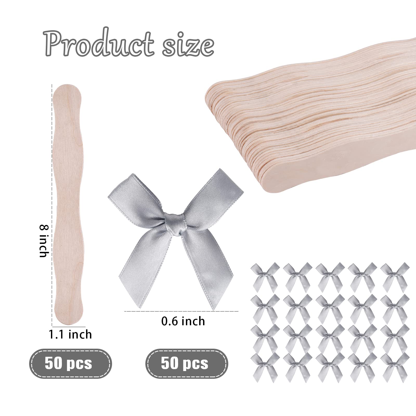 50 Pcs 8 in Wooden Fans Sticks with 50 Pcs Bows Fan Handle Craft Sticks for Wedding,Church Crafting Painting DIY Hand Held Parlor Fans (Silver)
