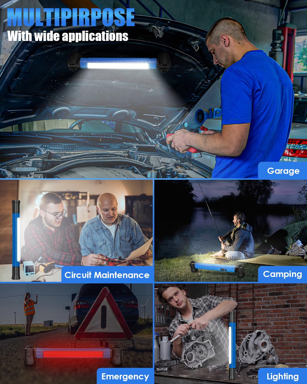 Luce da lavoro magnetica ricaricabile, 3000 lm, con ganci e base girevole, 6000 mAh, senza fili, per riparazioni auto, garage, ispezioni in officina