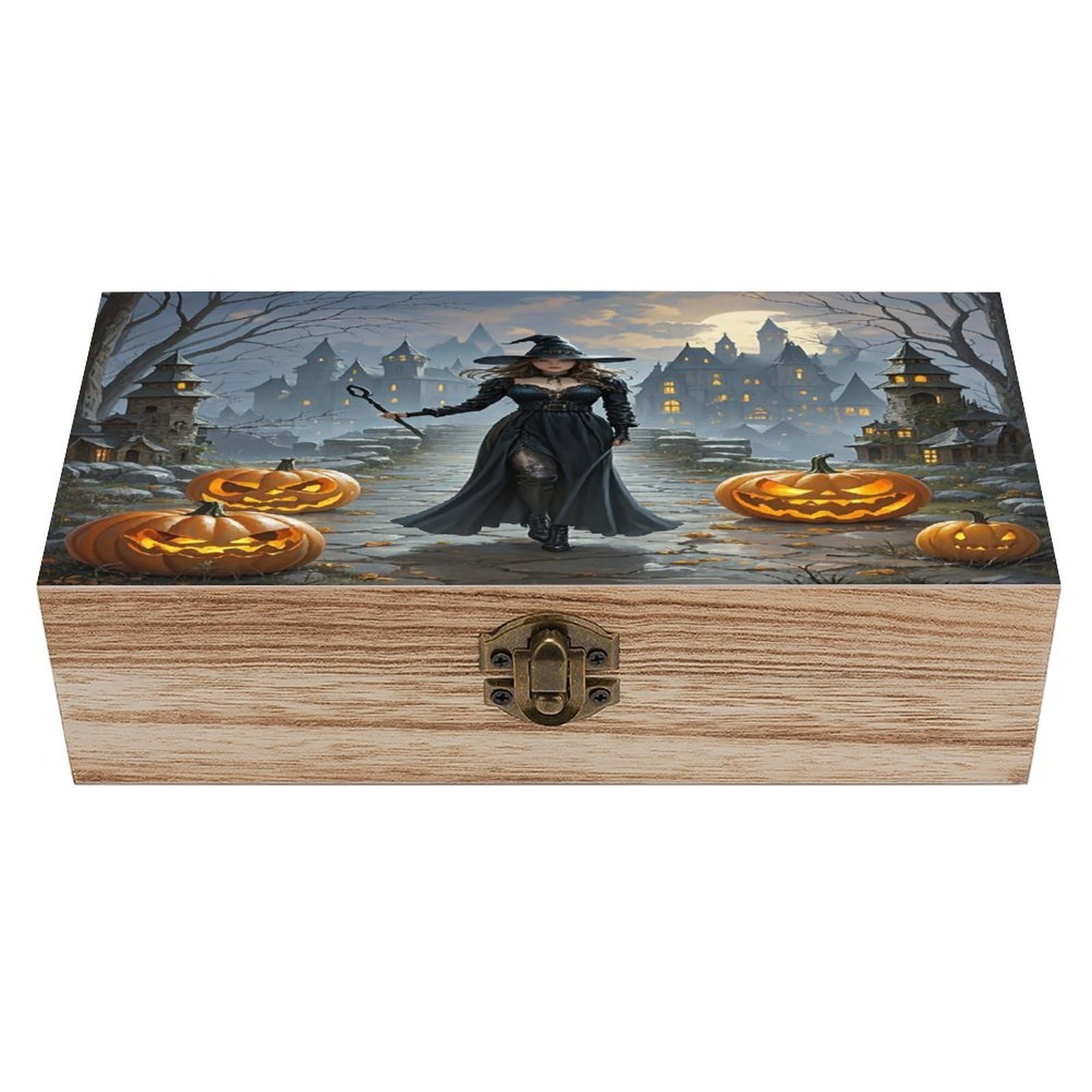 VstaDank Witches Wooden Storage Box Wooden Keepsake Box with A Hinged Lid Fashion Memory Treasure Boxes Decorative Jewelry Case for Crafts Photo Home Decor Wood Gift Box